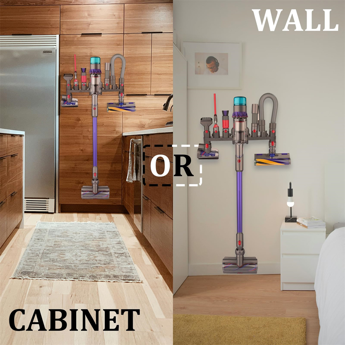 Staubsauger an Schrank und Wand montiert. Zubehör ist angebracht.