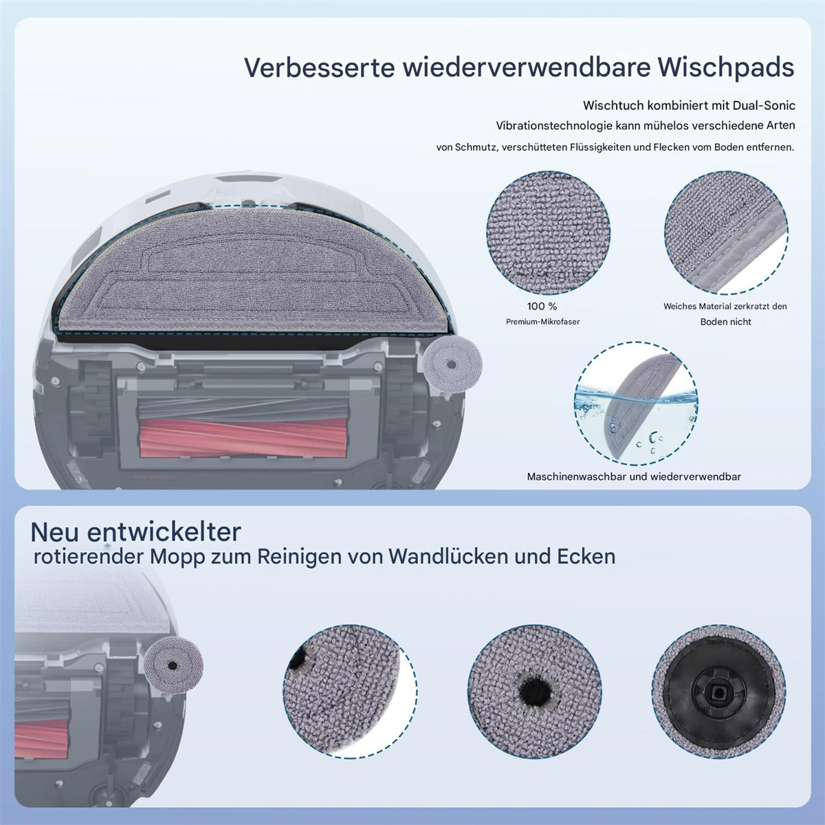Detaillierte Ansicht eines Reinigungspads mit Text über seine Eigenschaften.