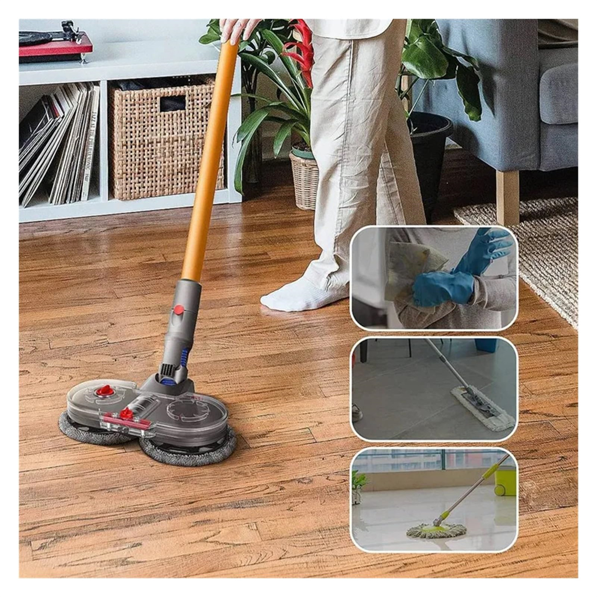 Person verwendet ein Bodenreinigungsgerät. Drei inset Bilder zeigen die Reinigung.