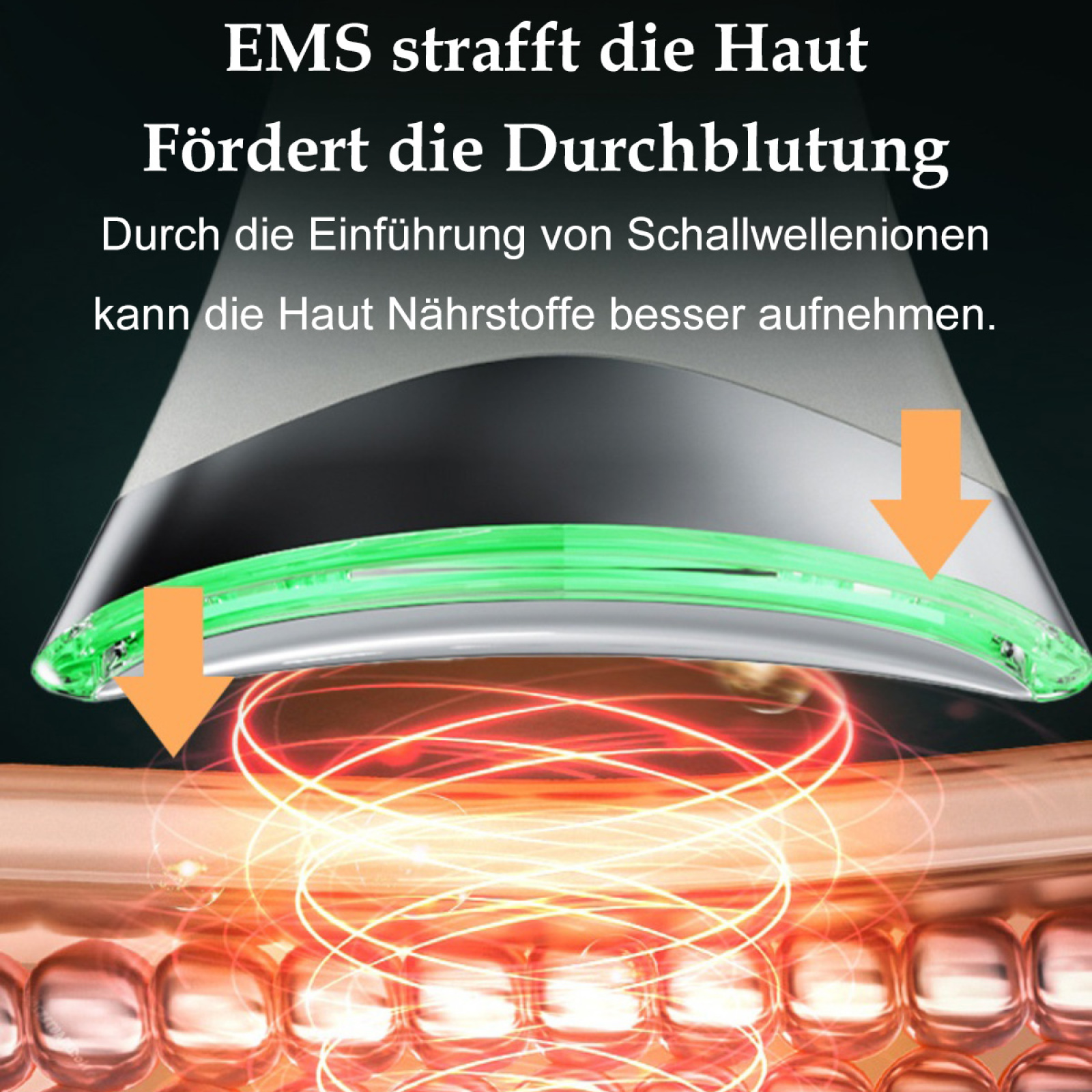 Nahaufnahme eines Geräts mit Licht und Text über Hautvorteile auf Deutsch.