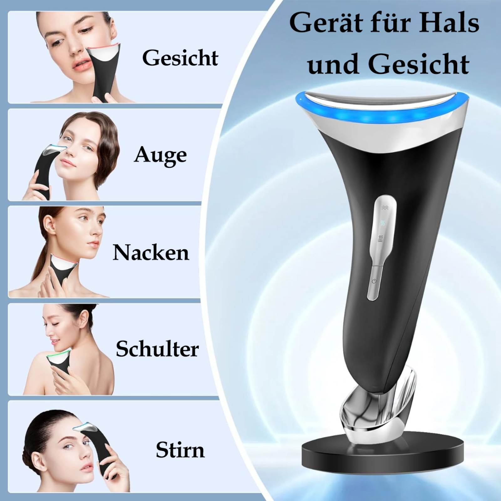 Diagramm von Gesichts- und Halsbereichen mit schwarzem Gerät und deutschem Text.