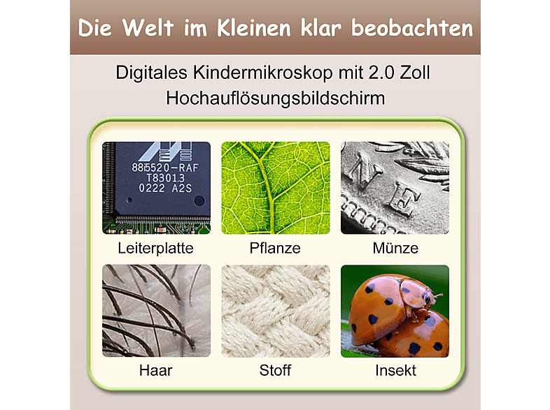 Ahalfcit Digitales Mikroskop Für Kinder – 1000X Zoom, 2-Zoll-IPS-Bildschirm, 8 LEDs, Fotos/Videos, Tragbar, Weiß