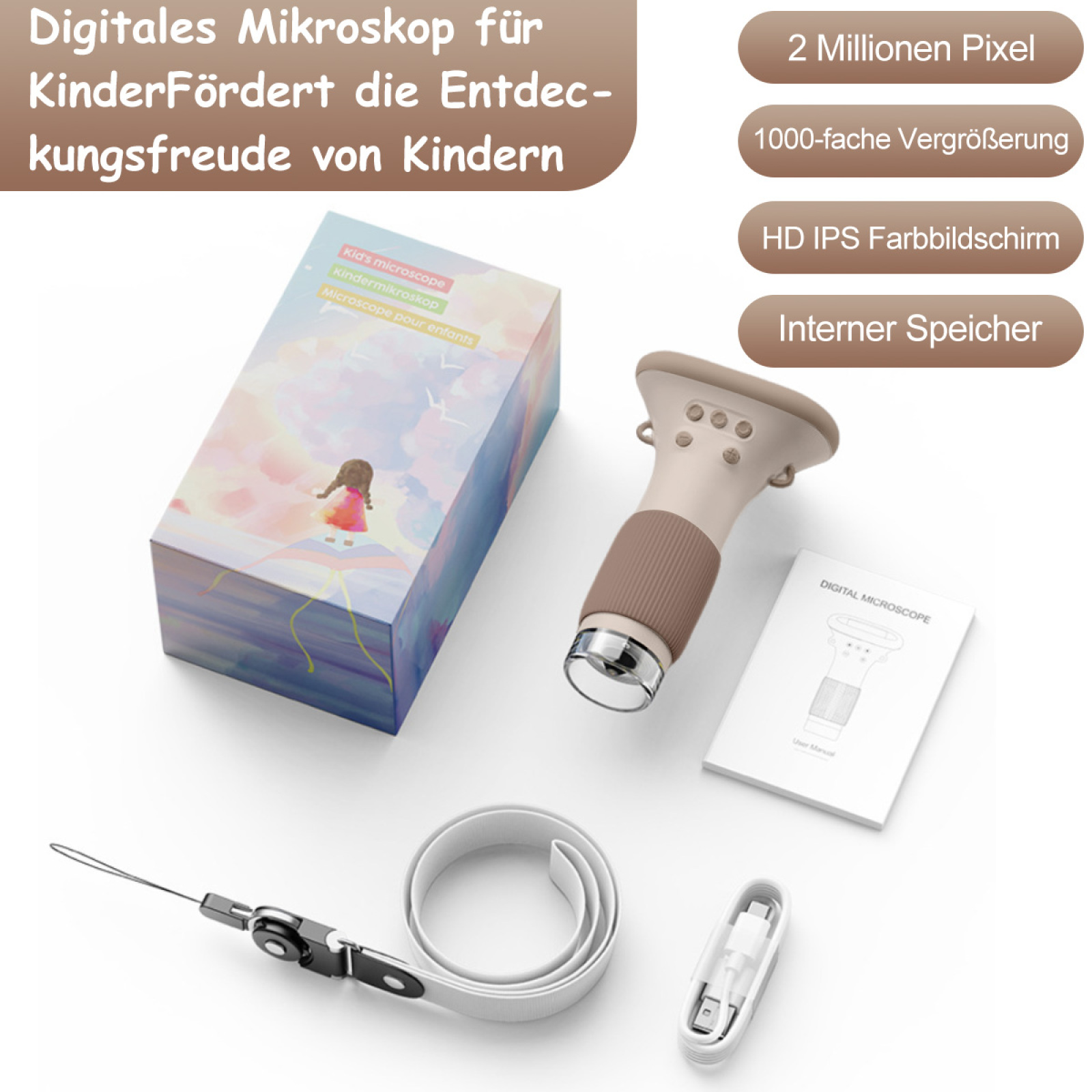 Digitales Mikroskop mit Zubehör und einer Box. Weißer Hintergrund.