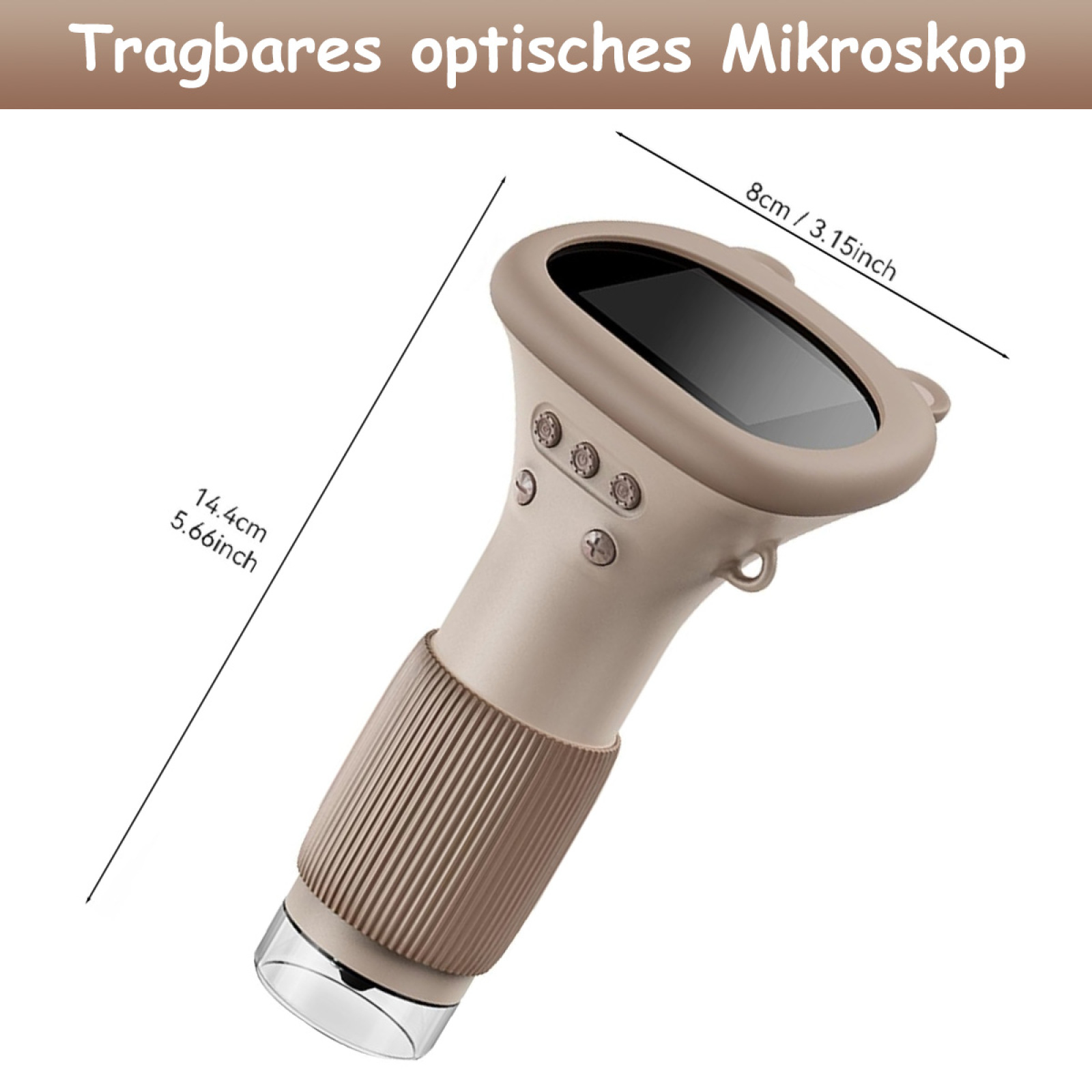 Beigefarbenes digitales Mikroskop mit Abmessungen. Weißer Hintergrund.