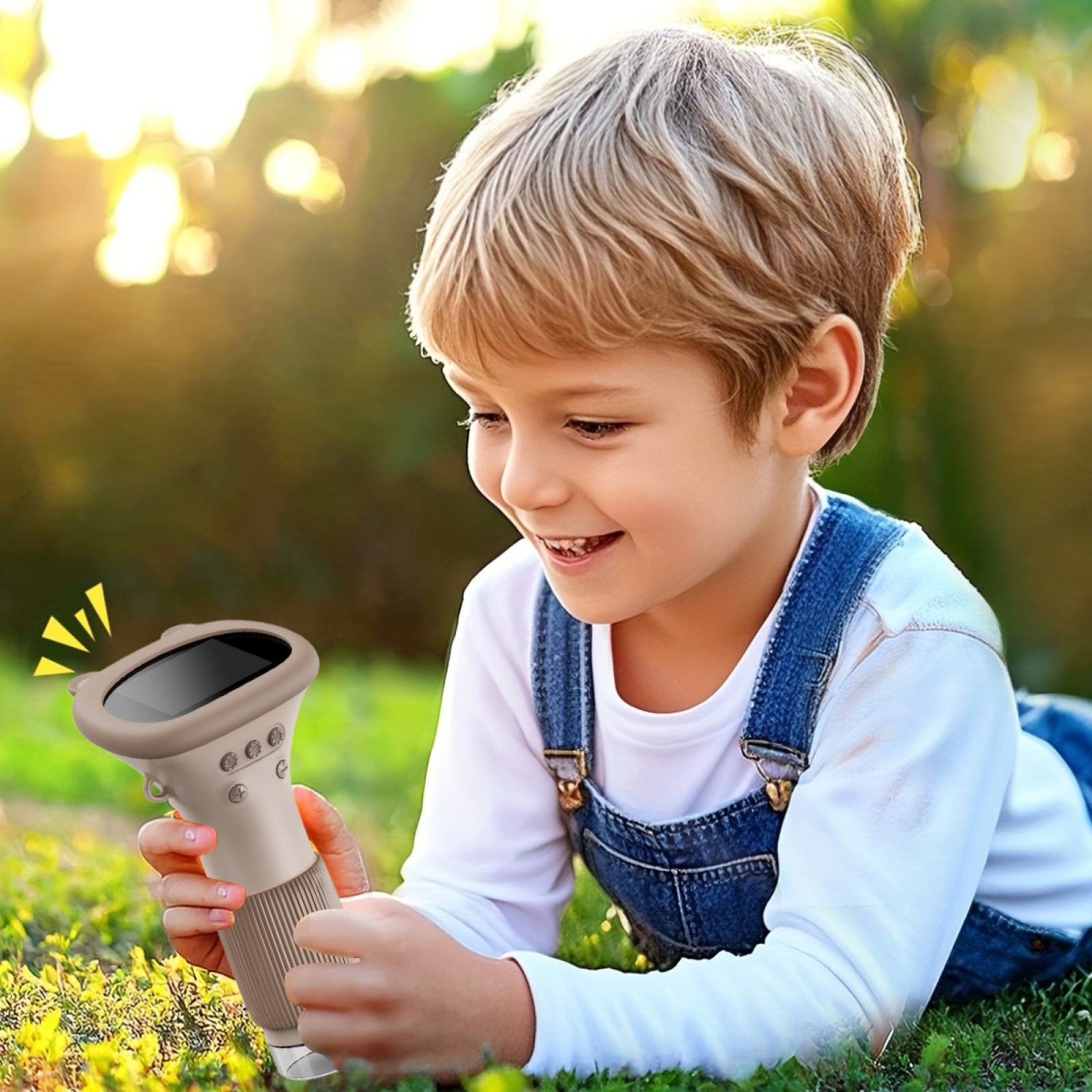 Junge liegt auf Gras und benutzt ein beigefarbenes digitales Mikroskop. Draußen.