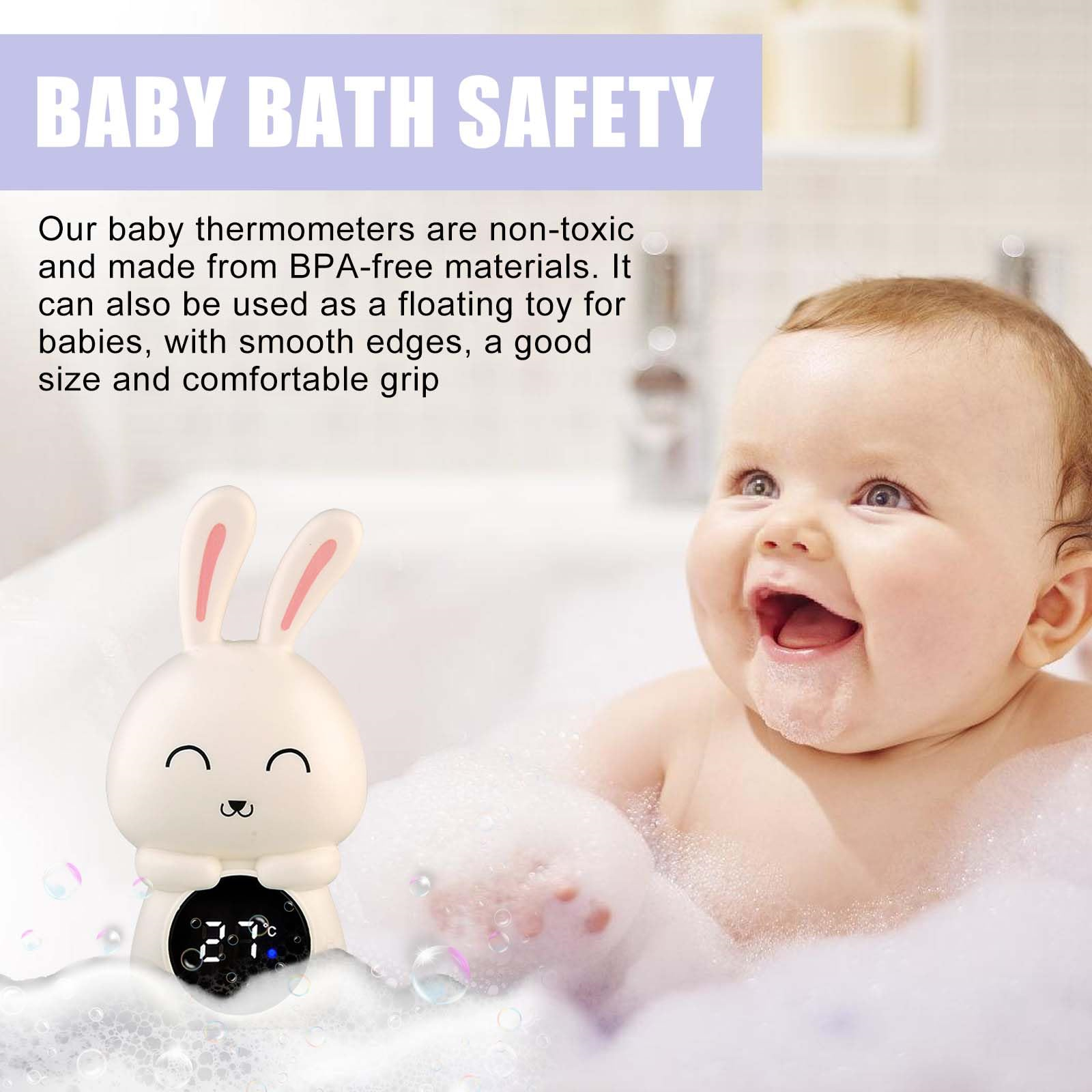 Ein Baby in einer Badewanne mit Blasen, mit einem Hasen-Thermometer. Text oben: Babysicherheit im Bad.