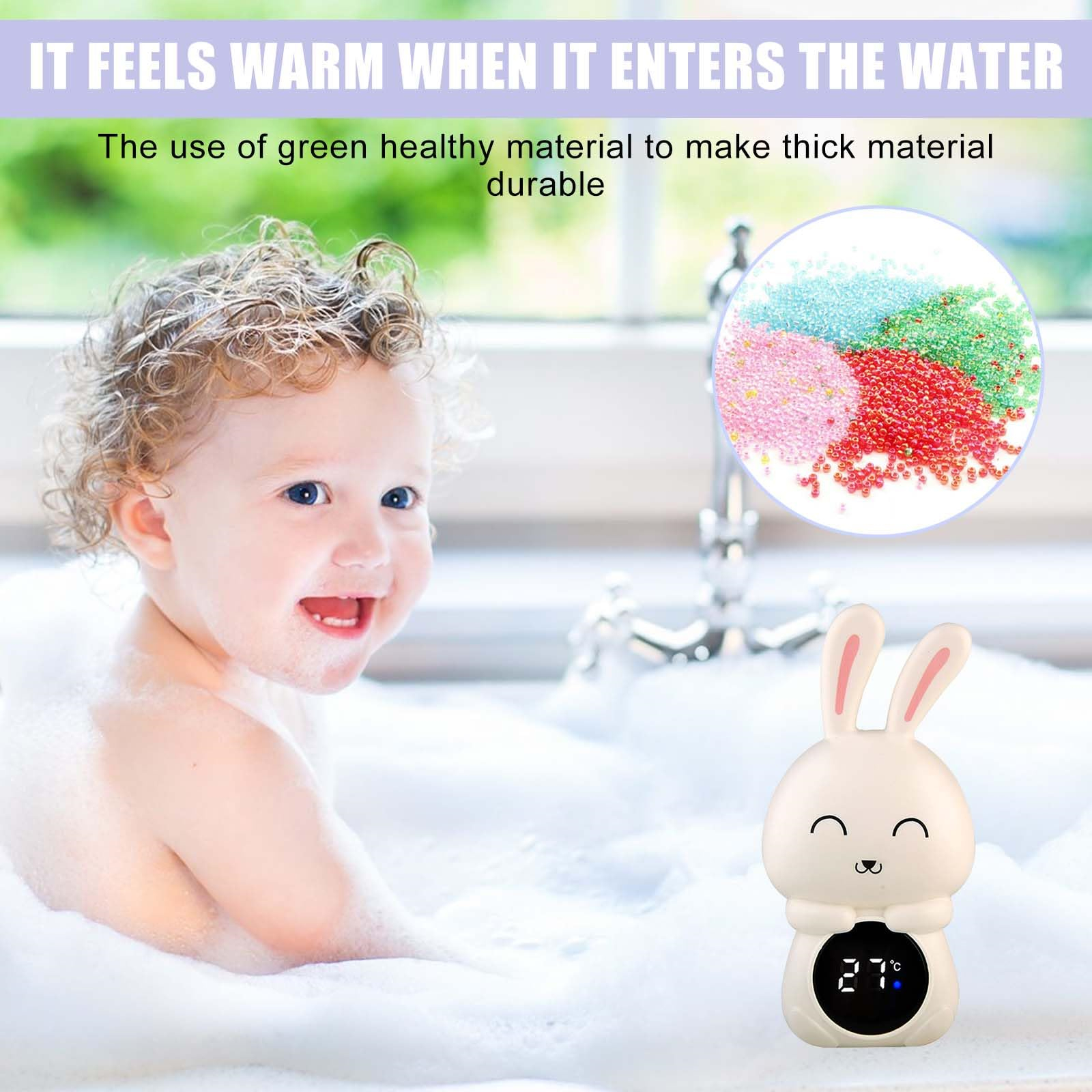 Ein Baby in einer Badewanne mit Blasen, mit einem Hasen-Thermometer. Text oben: Es fühlt sich warm an, wenn es ins Wasser kommt.