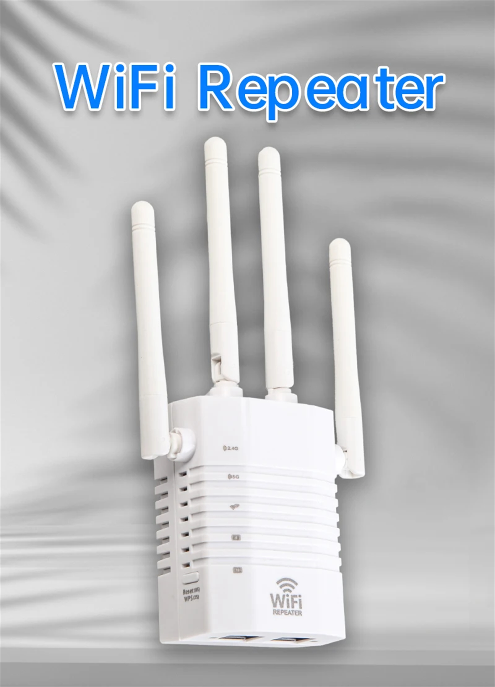 Ein weißer WLAN-Repeater mit vier Antennen, mit den Worten WLAN-Repeater unten.