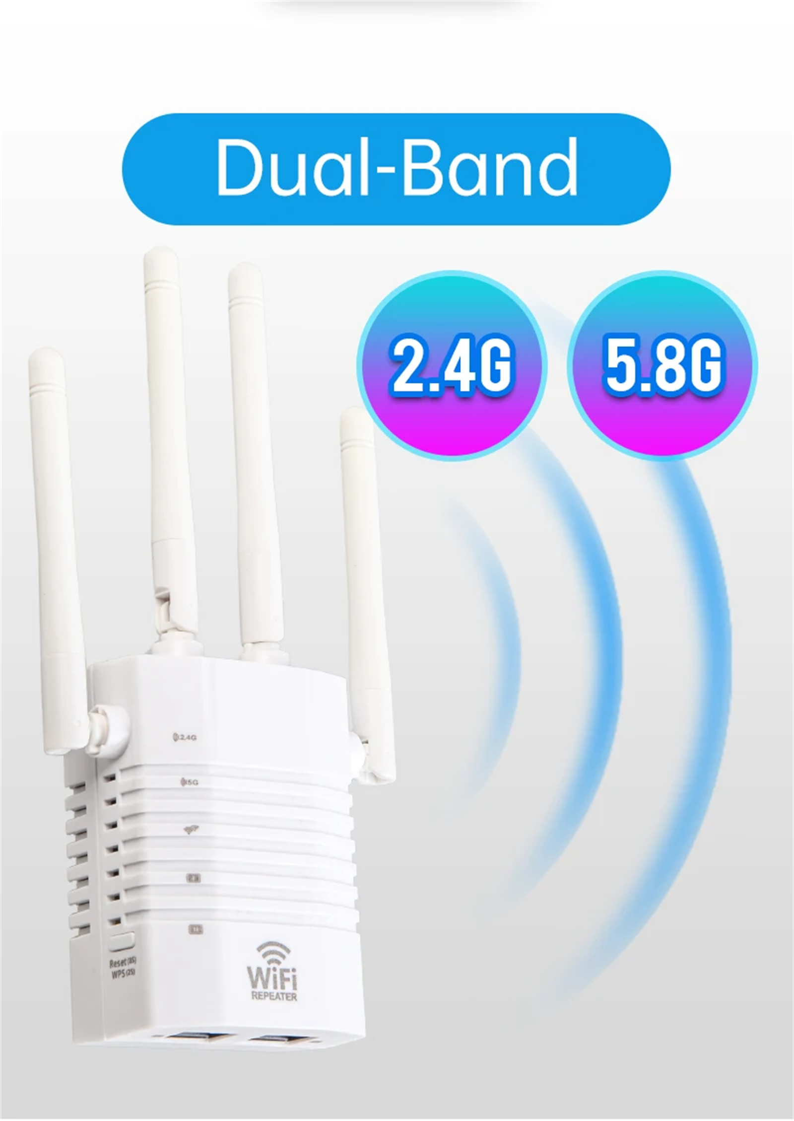 Weißer WLAN-Repeater mit vier Antennen. Text sagt Dual-Band und zeigt 2,4G- und 5,8G-Verbindungen an.