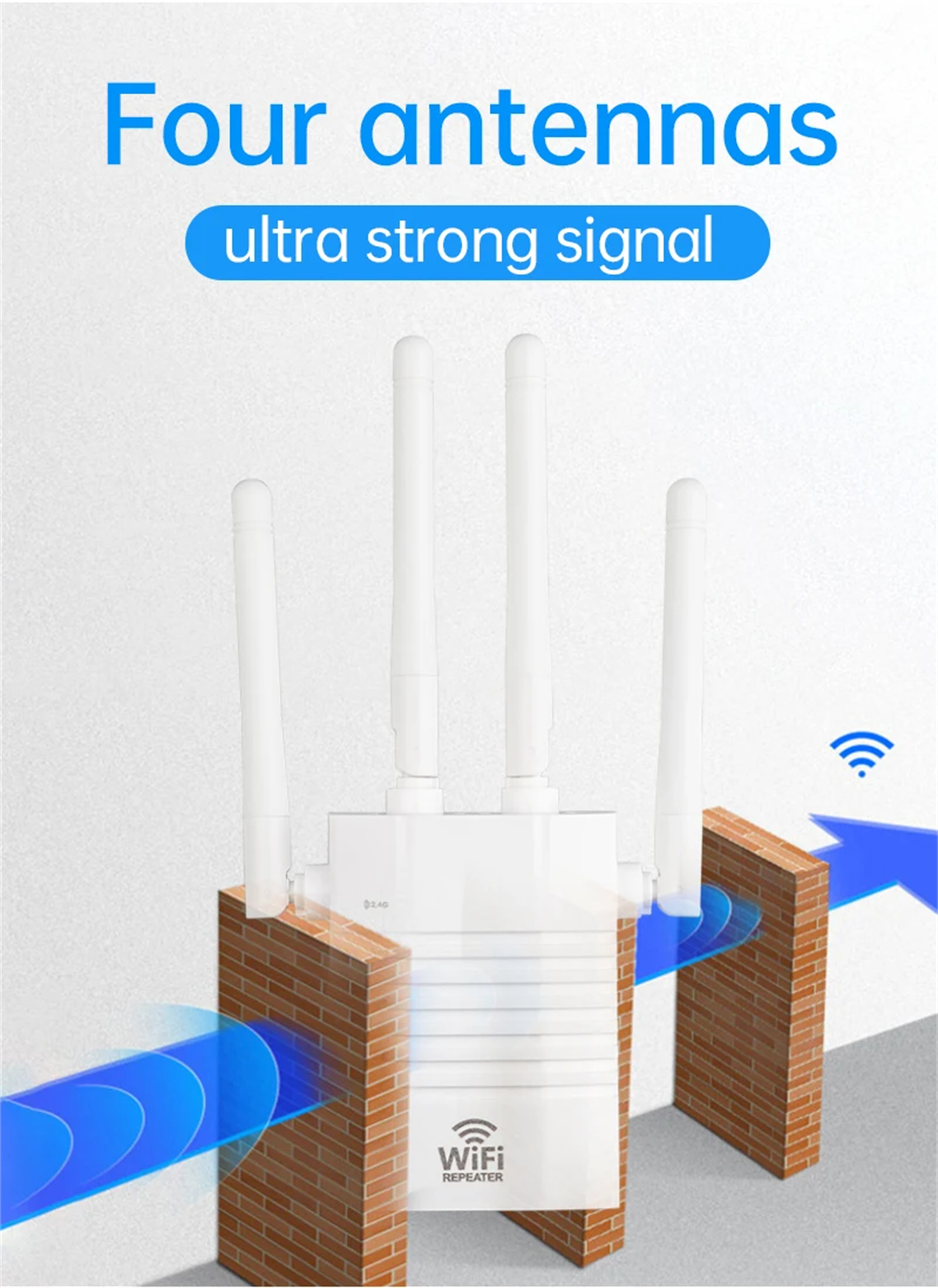 Weißer WLAN-Repeater mit vier Antennen zwischen zwei Ziegelmauern. Text: Vier Antennen ultra starkes Signal.