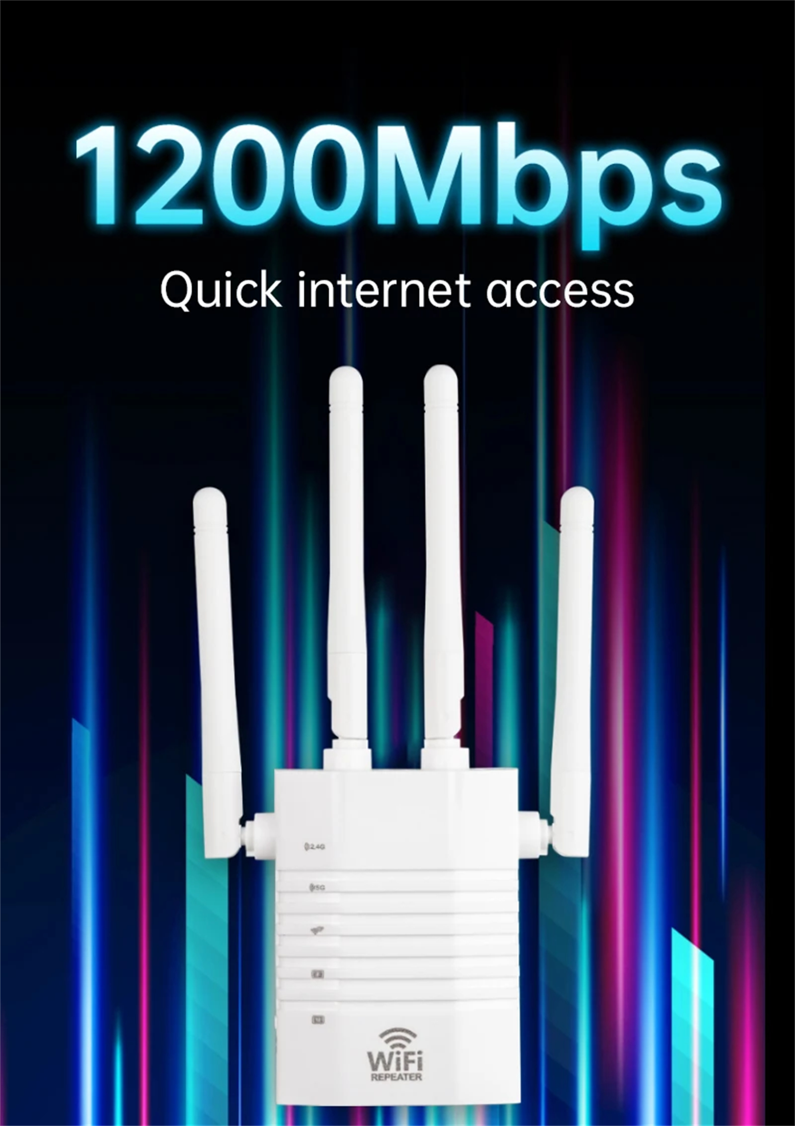 Weißer WLAN-Repeater mit vier Antennen. Text sagt 1200 Mbit/s Schneller Internetzugang.
