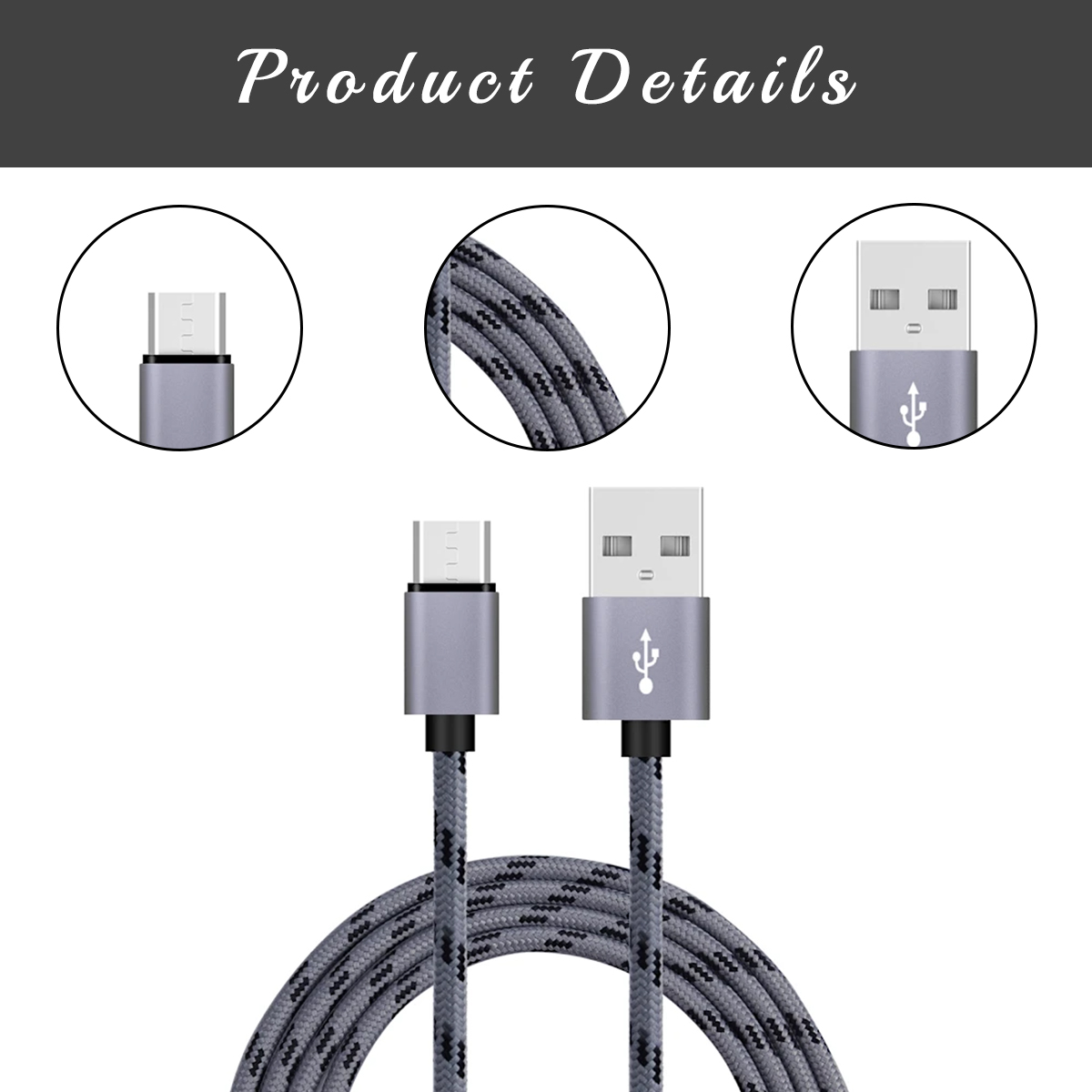 Nahaufnahme eines USB-Kabels mit drei Ansichten: dem USB-C-Ende, dem Micro-USB-Ende und dem USB-Ende.