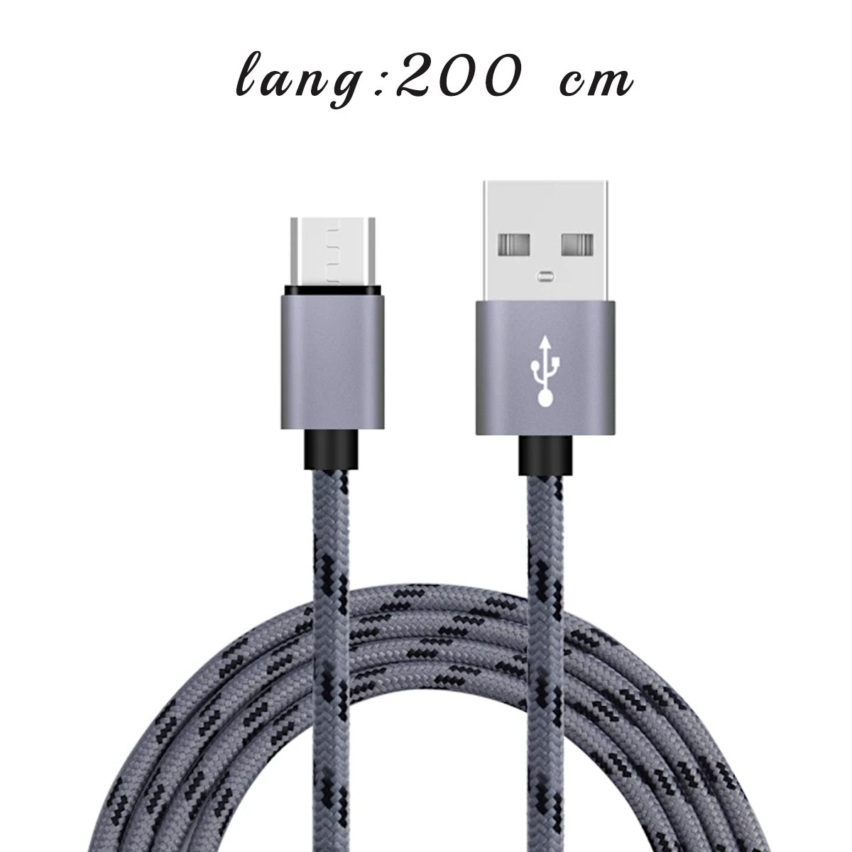 Graues USB-Kabel mit schwarz-weißem Muster. Zwei Stecker und ein geflochtenes Kabel. Weißer Hintergrund.