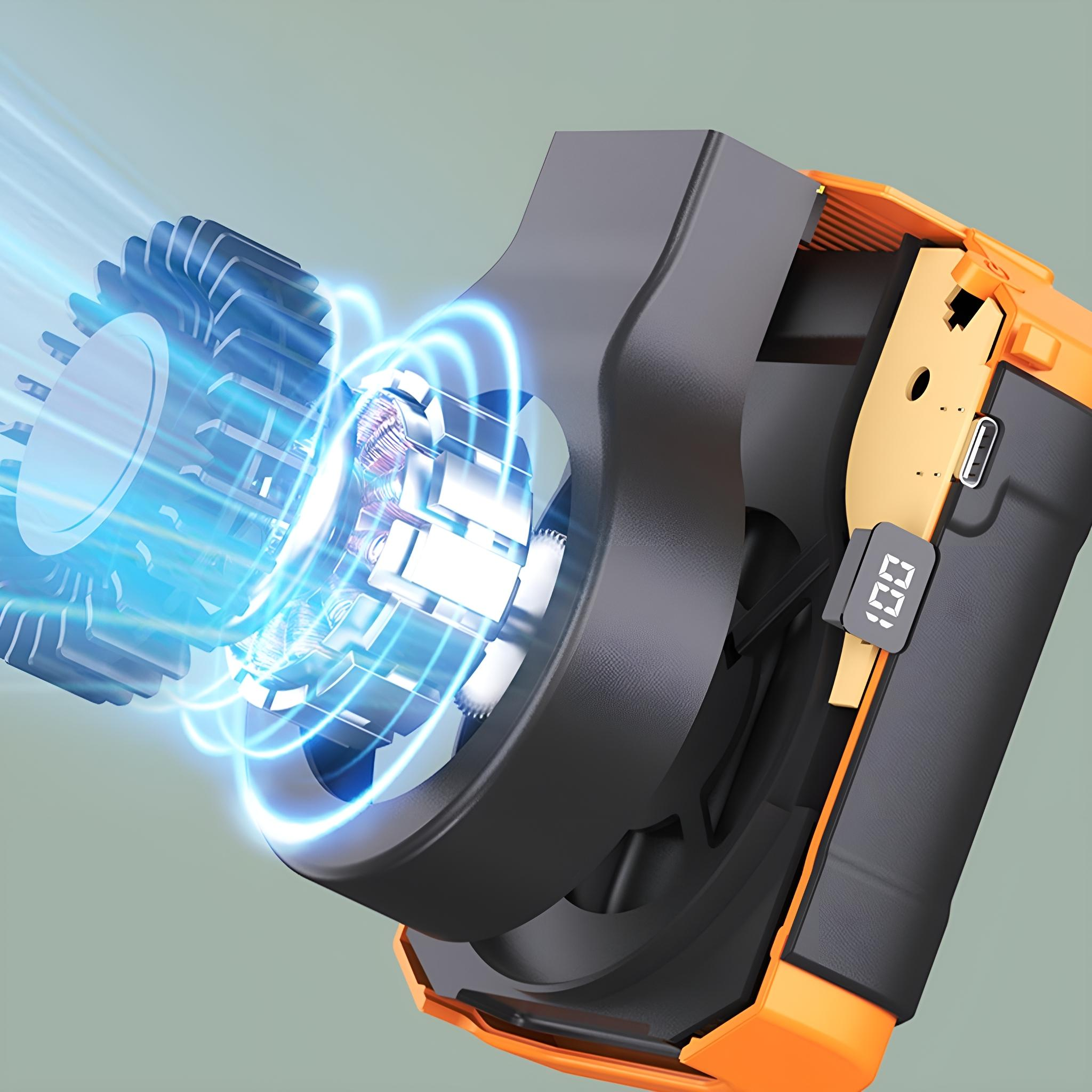 Ein orangefarbenes und schwarzes Gerät mit Lüfter und digitaler Anzeige. Blaue Energiewellen sind sichtbar.