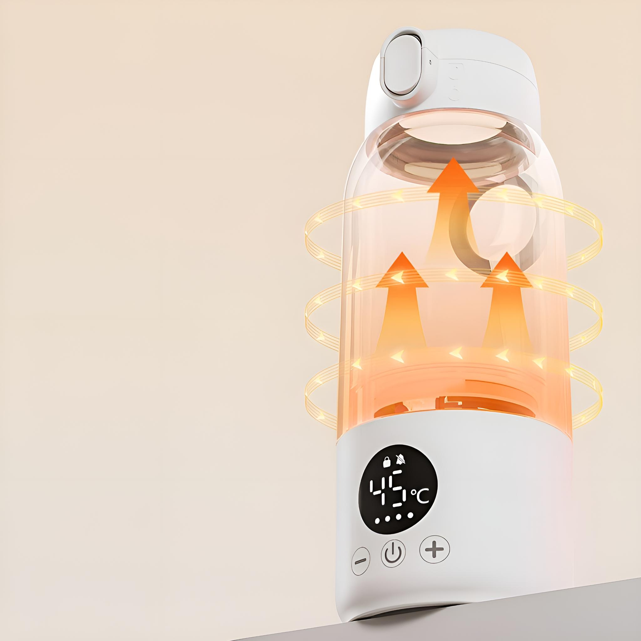 Weiße Wasserflasche mit Pfeilen, die Hitze anzeigen. Zeigt 45°C an. Beiger Hintergrund.