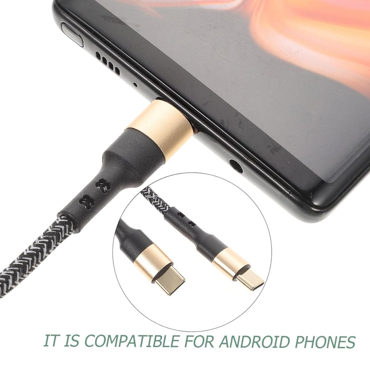 Ein schwarzes Telefon ist mit einem schwarz-goldenen USB-C-Kabel verbunden. Weißer Hintergrund.
