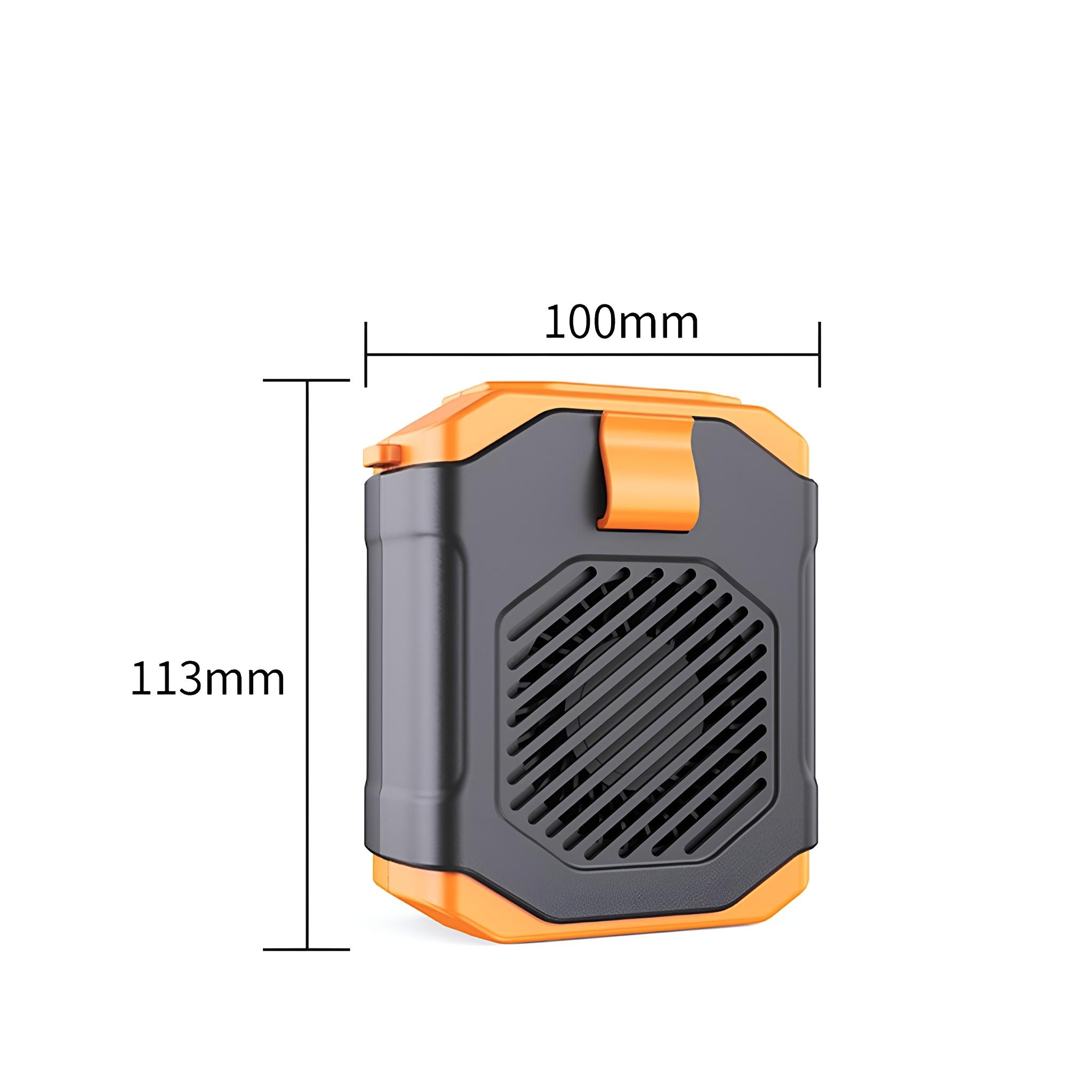 Schwarzes und oranges Gerät. Die Abmessungen sind mit 100 mm und 113 mm beschriftet.