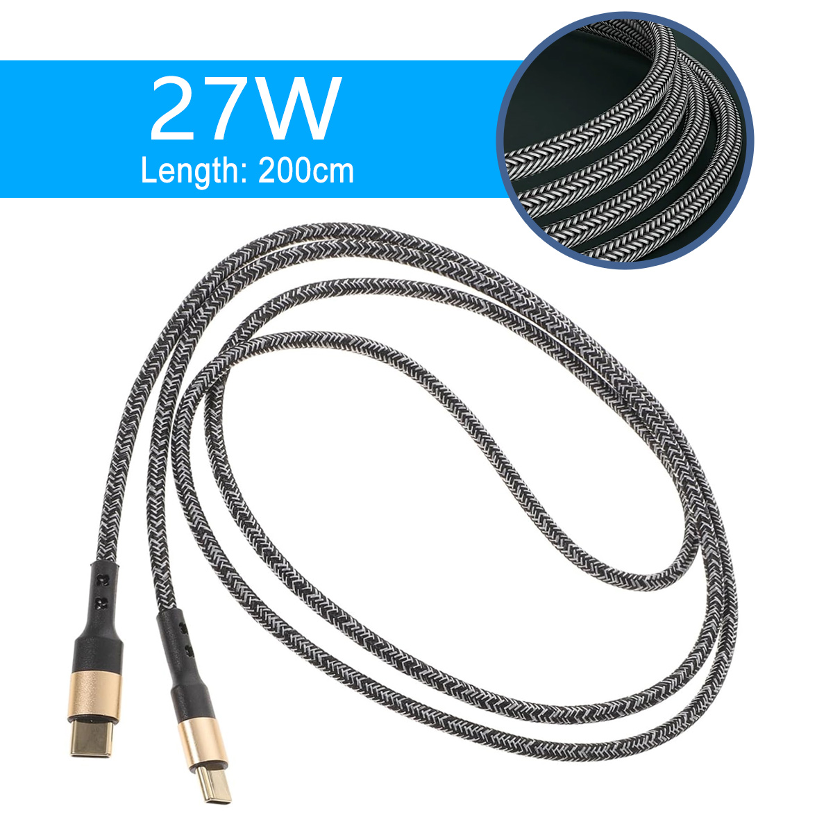 Geflochtenes graues und schwarzes 27-W-Kabel mit USB-C-Anschlüssen. Das Kabel ist 200 cm lang.