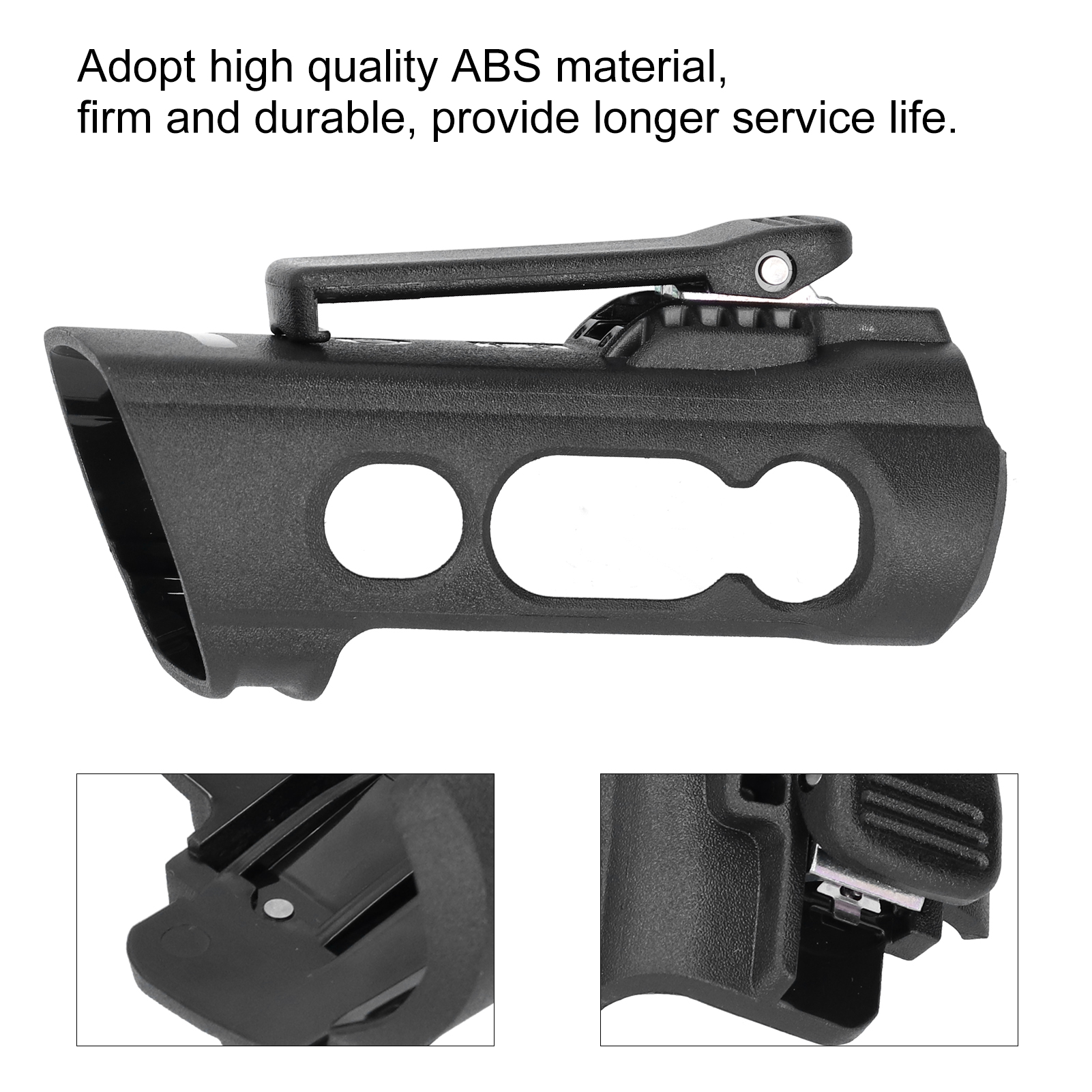Ein schwarzes Kunststoffholster mit Aussparungen und einem Clip. Es hat eine matte Oberfläche und ist vor einem weißen Hintergrund platziert.