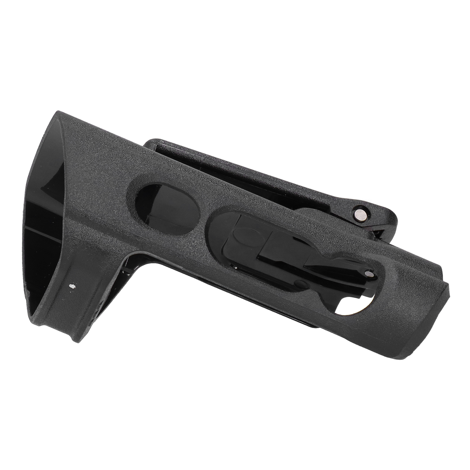 Schwarzes Kunststoffholster mit einem Clip und Aussparungen. Das Holster hat eine matte Oberfläche und ist vor einem weißen Hintergrund.