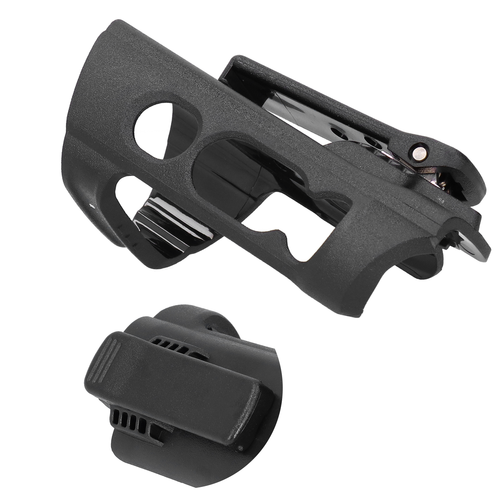 Schwarzes Kunststoffholster mit einem Clip und Aussparungen. Das Holster hat eine matte Oberfläche vor einem weißen Hintergrund.