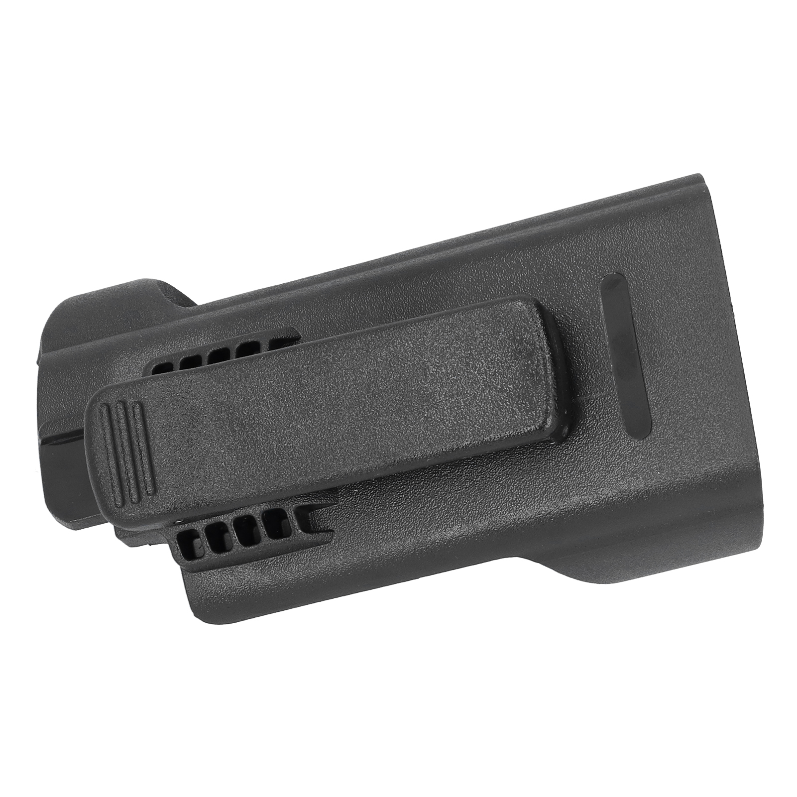 Schwarzes Kunststoffholster mit Gürtelclip, schräge Ansicht, isoliert auf weißem Hintergrund.