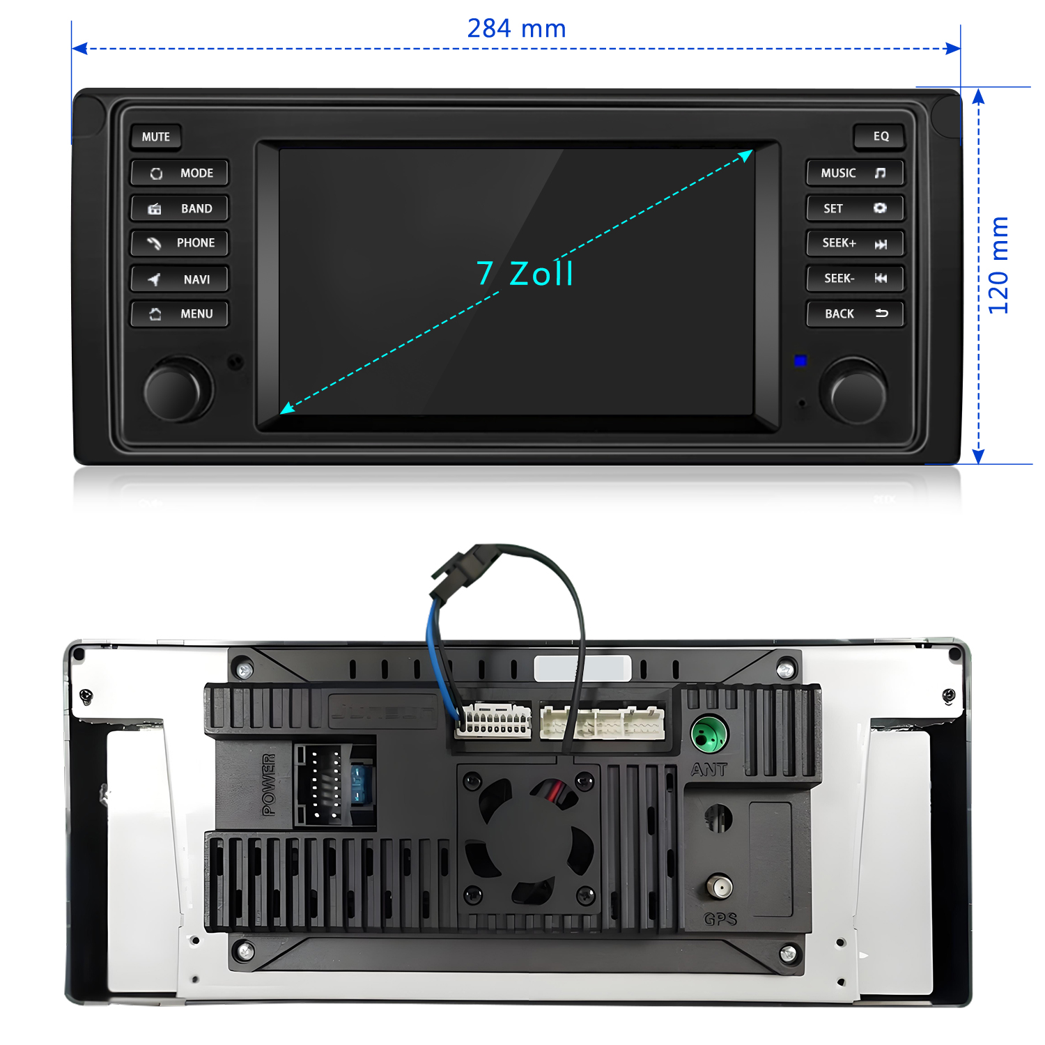Abmessungen des Auto-Infotainment-Systems: 284 mm Breite, 120 mm Höhe, 7-Zoll-Bildschirm, Vorder- und Rückansicht.