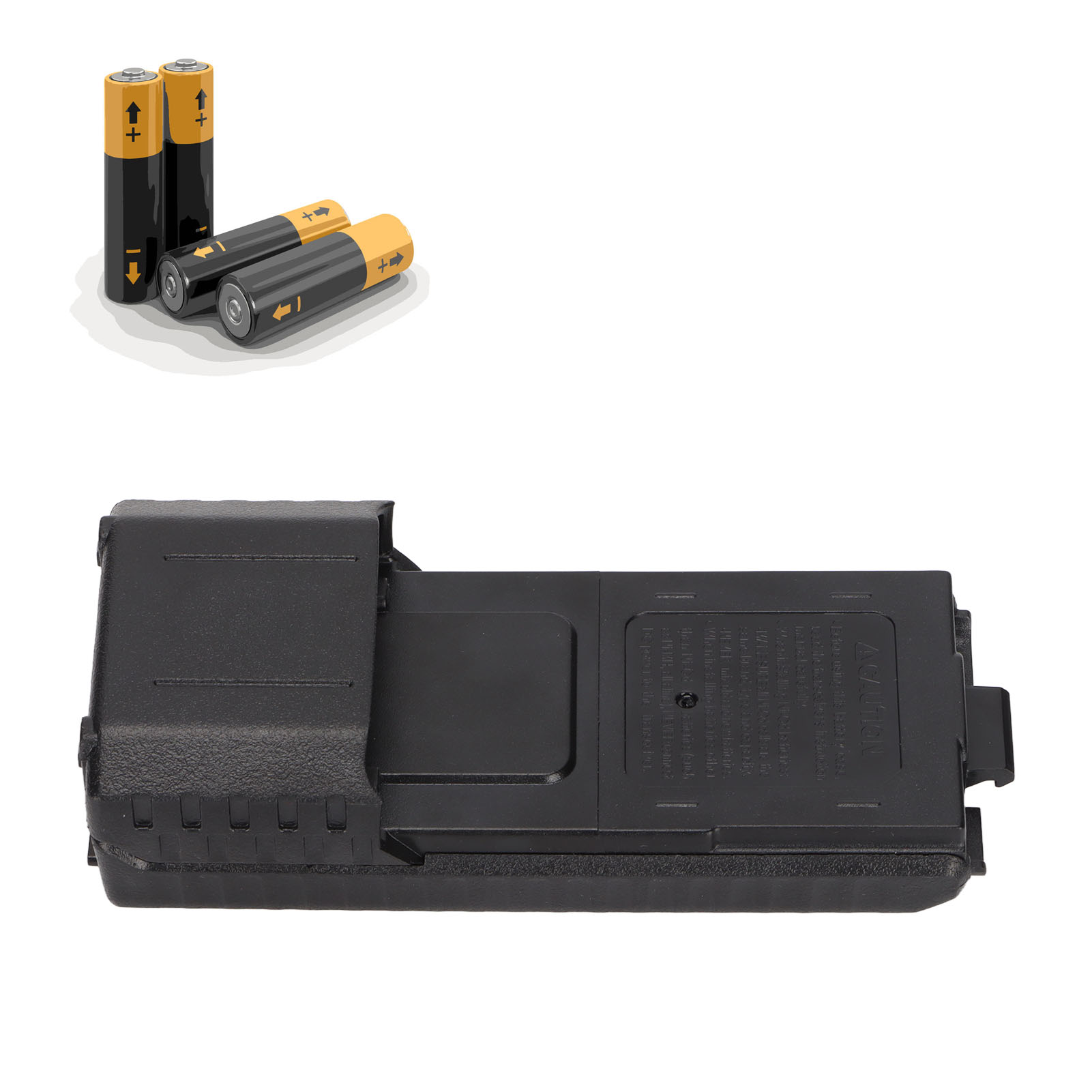 Das Bild zeigt einen schwarzen Batteriehalter mit drei Batterien. Die Batterien sind schwarz und gold.