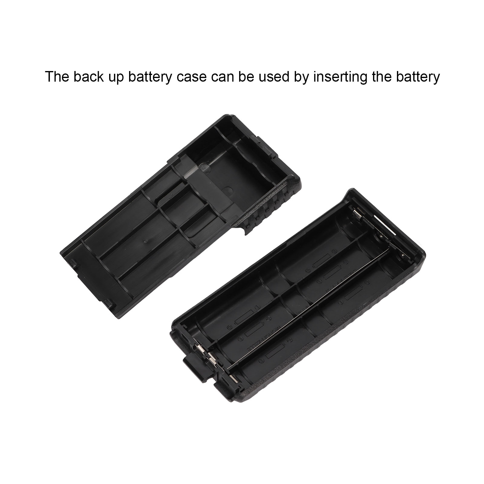 Zwei schwarze Batteriefächer. Der Text besagt, dass das Fach durch Einlegen der Batterie verwendet werden kann.