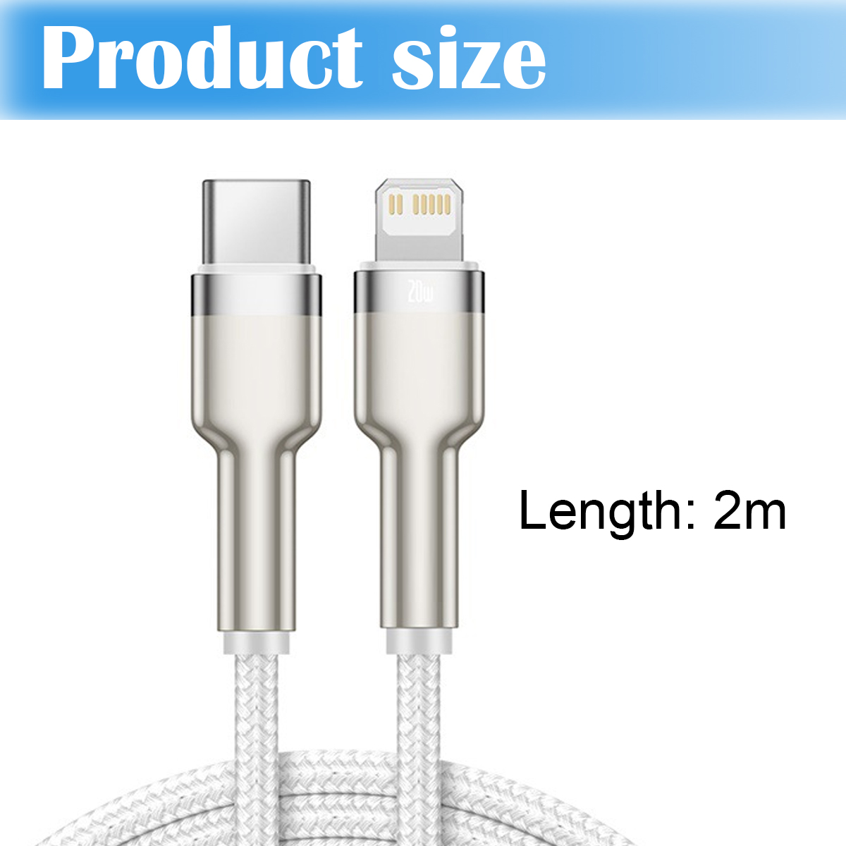 Zwei silberne USB-Kabel mit weißen geflochtenen Kabeln, beschriftet mit "Länge: 2m" vor einem weißen Hintergrund.