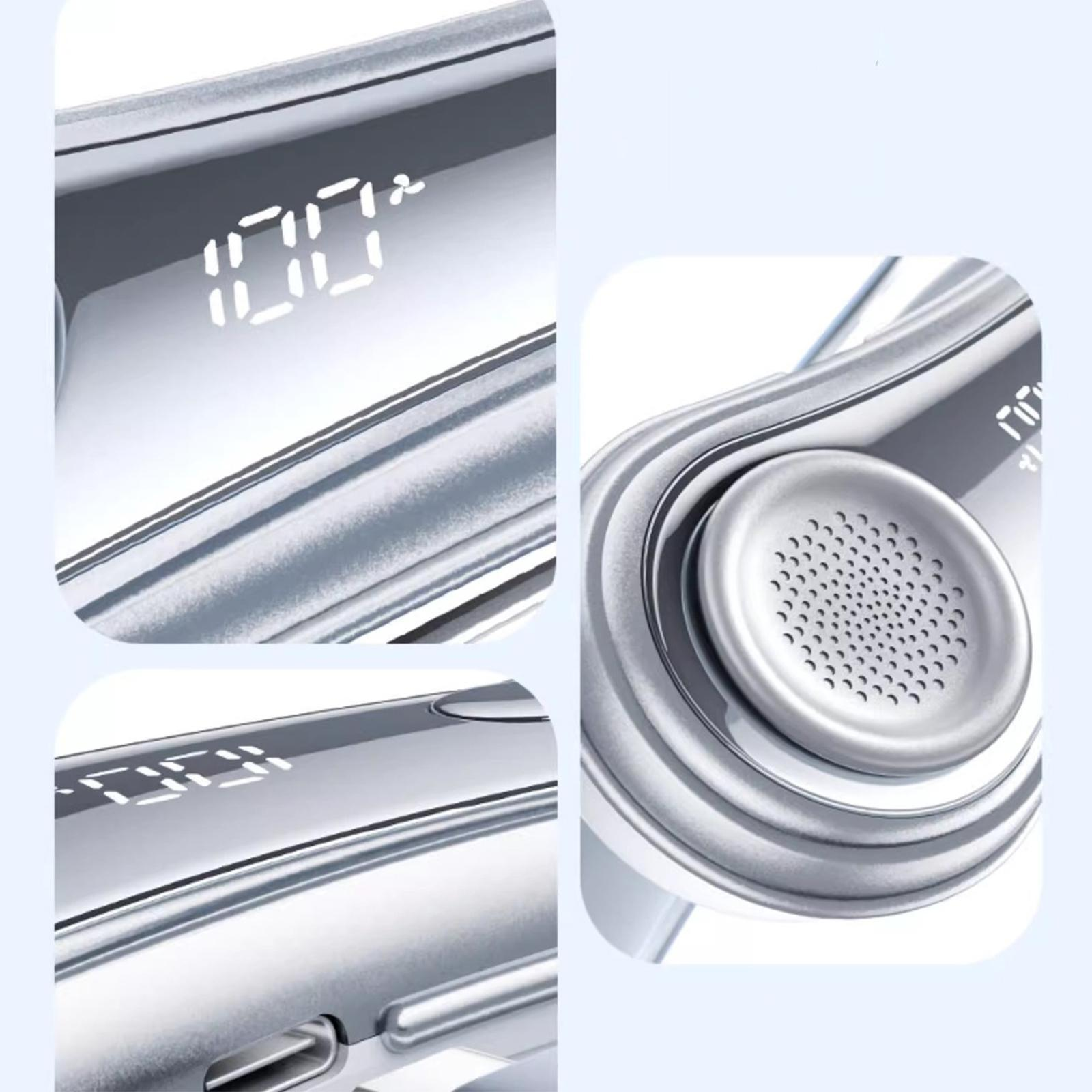 Nahaufnahme-Collage mit den Designdetails eines grauen tragbaren Nackenventilators vor hellblauem Hintergrund.