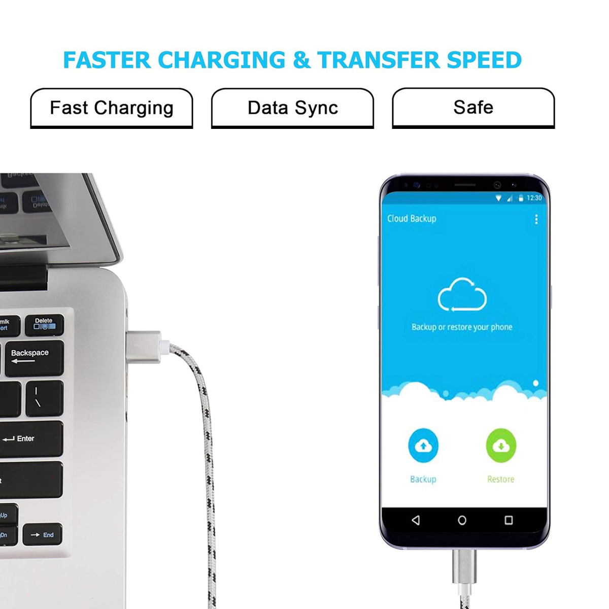 Laptop, der über ein Ladekabel mit einem Telefon verbunden ist. Das Telefon zeigt eine Cloud-Backup-Oberfläche.