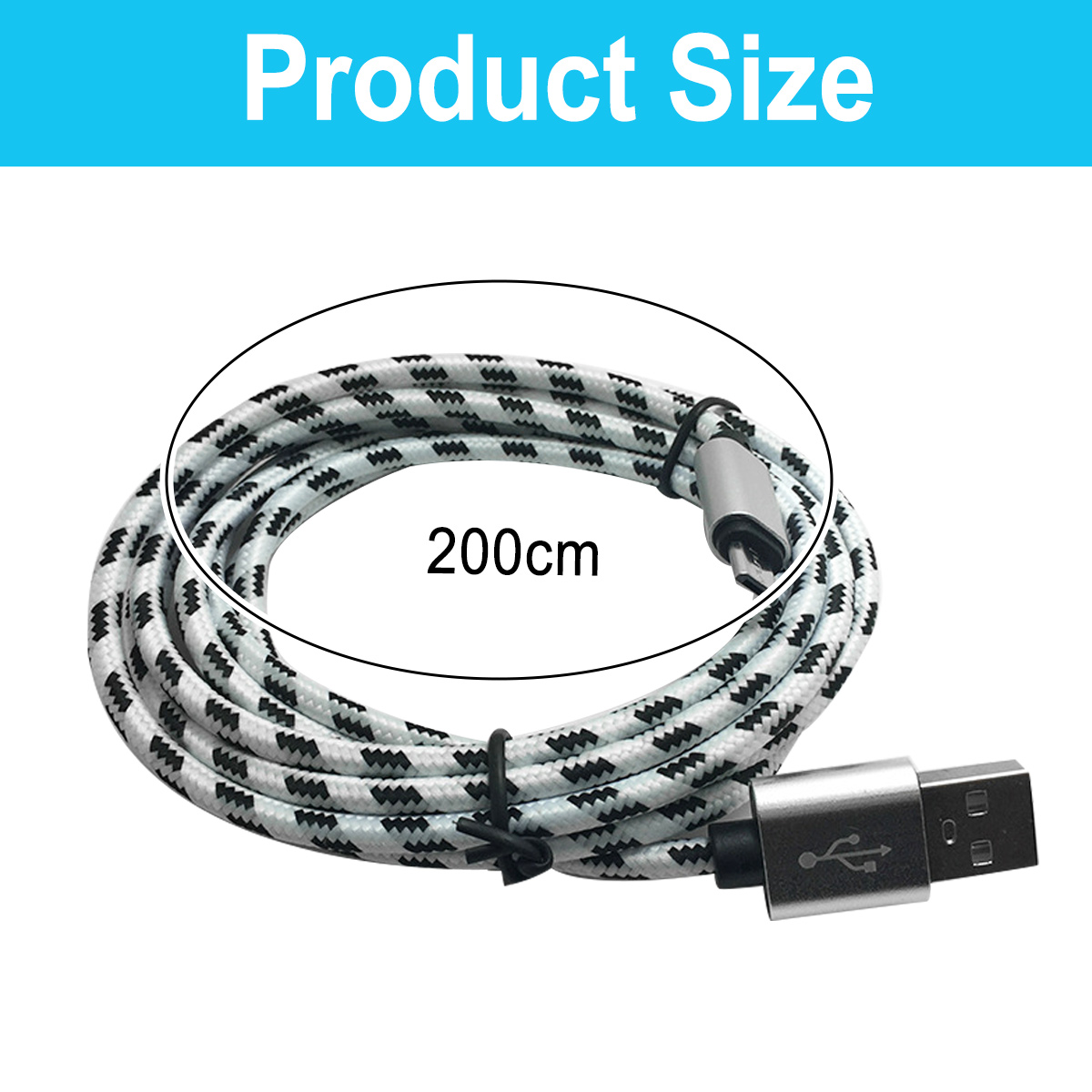 Ein weißes und graues USB-C-Kabel, aufgerollt, mit einem USB- und USB-C-Anschluss und dem Text '200cm'.