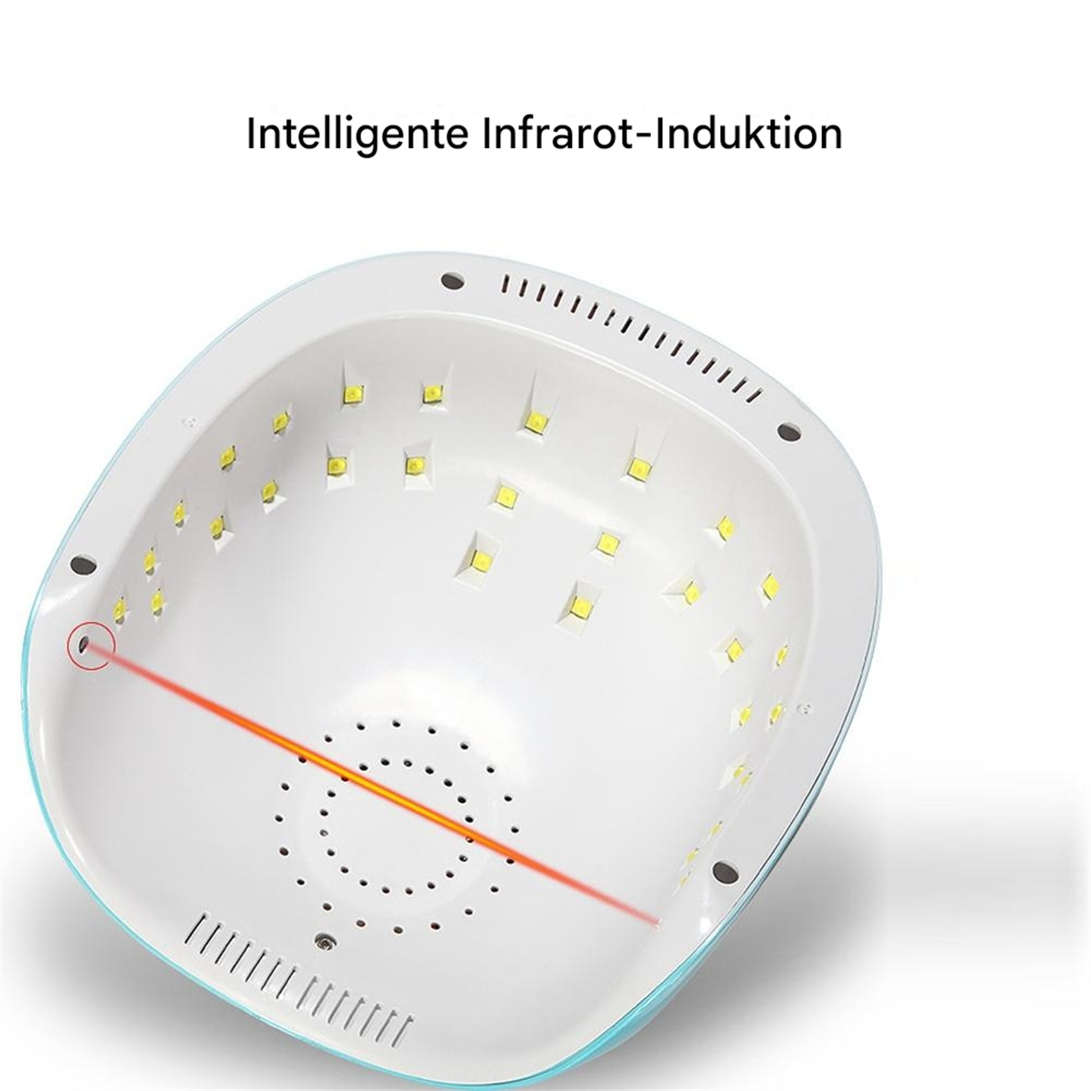 Weiße und blaue UV-Nagellampe mit LED-Leuchten. Der Text lautet: Intelligente Infrarot-Induktion.