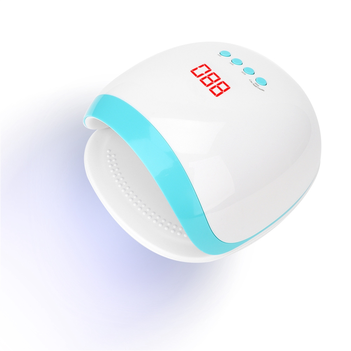 Eine weiße Nagellampe mit blauem Rand. Sie hat eine Digitalanzeige mit einer Zahl. Die Lampe steht auf einer weißen Oberfläche.