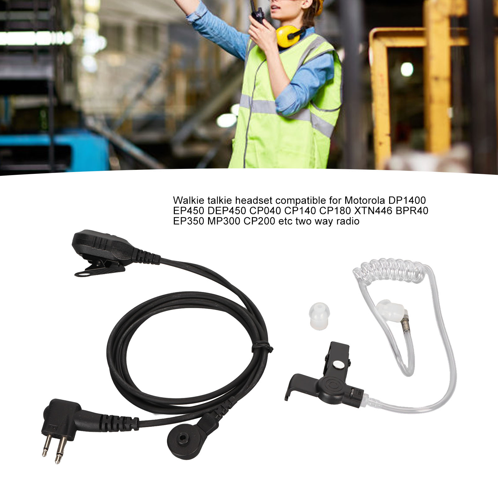Zwei-Wege-Funk-Headset mit Mikrofon und Ohrhörer. Schwarze Kabel und Anschlüsse.