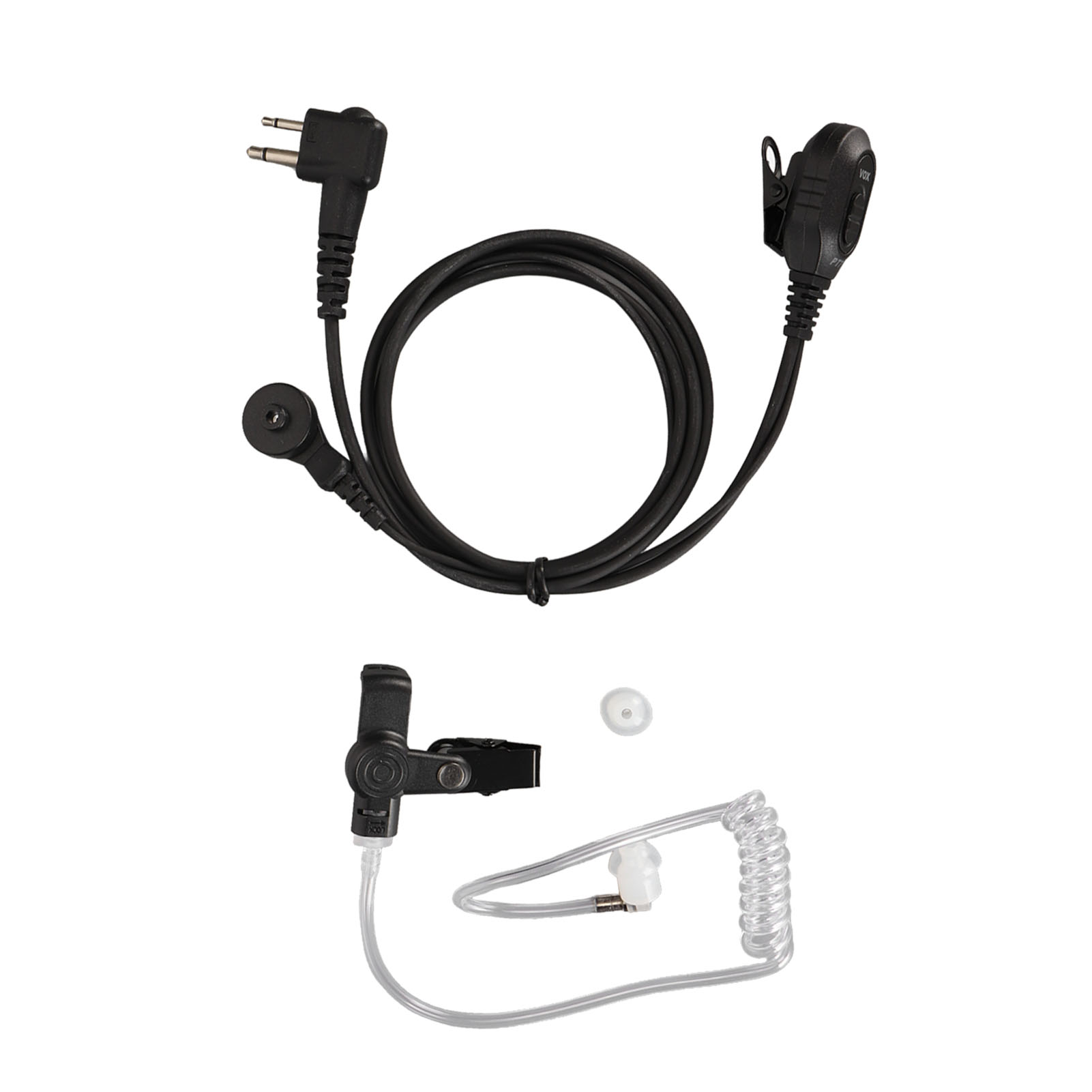 Komponenten des Zwei-Wege-Funk-Headsets: Mikrofon, Ohrhörer und verschiedene schwarze Kabel.