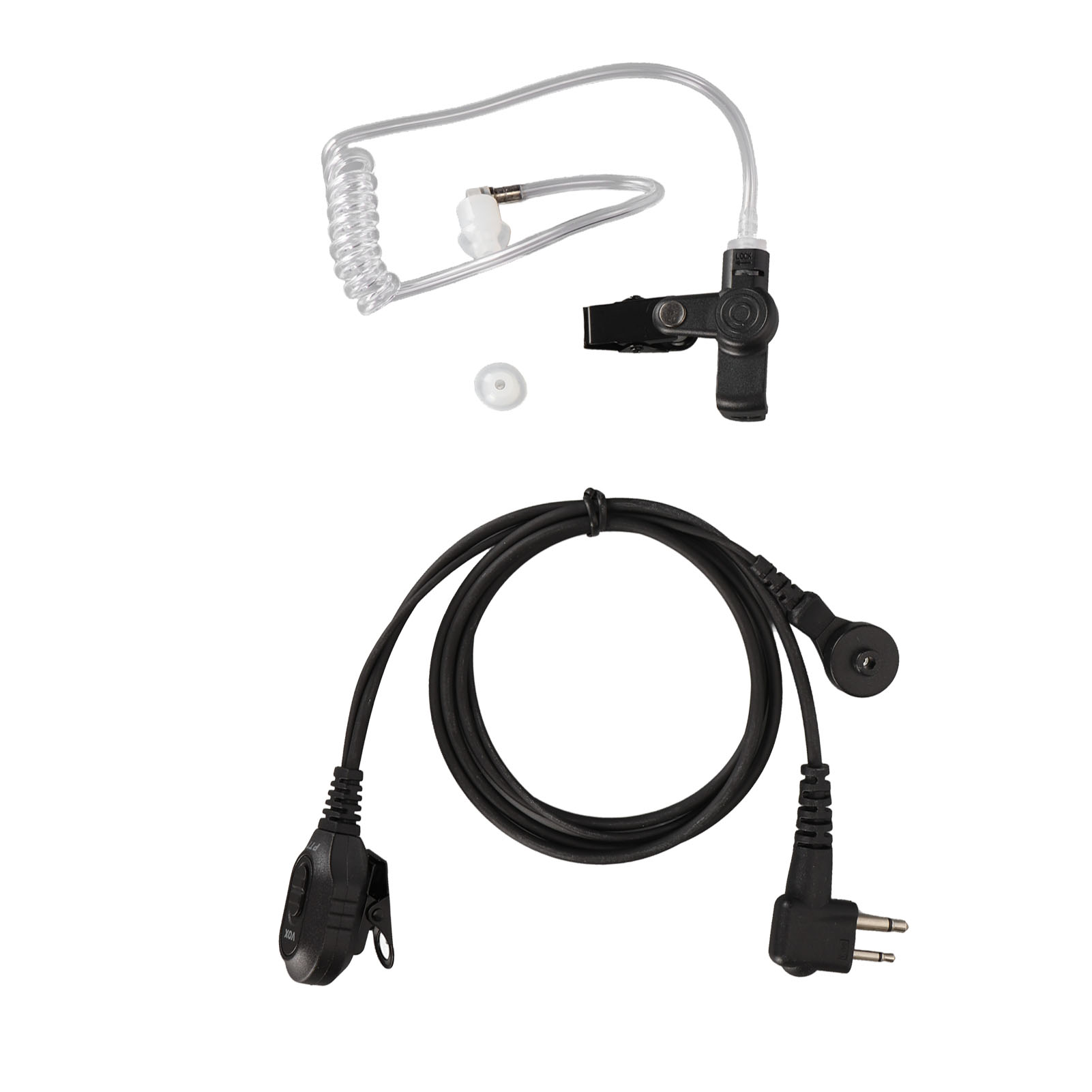 Zwei-Wege-Funk-Headset-Komponenten, einschließlich Ohrhörer, Mikrofon und schwarze Kabel.