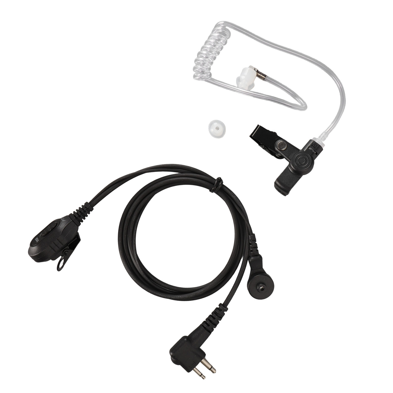 Zwei-Wege-Funk-Headset-Komponenten: Mikrofon, Ohrhörer und schwarze Kabel.