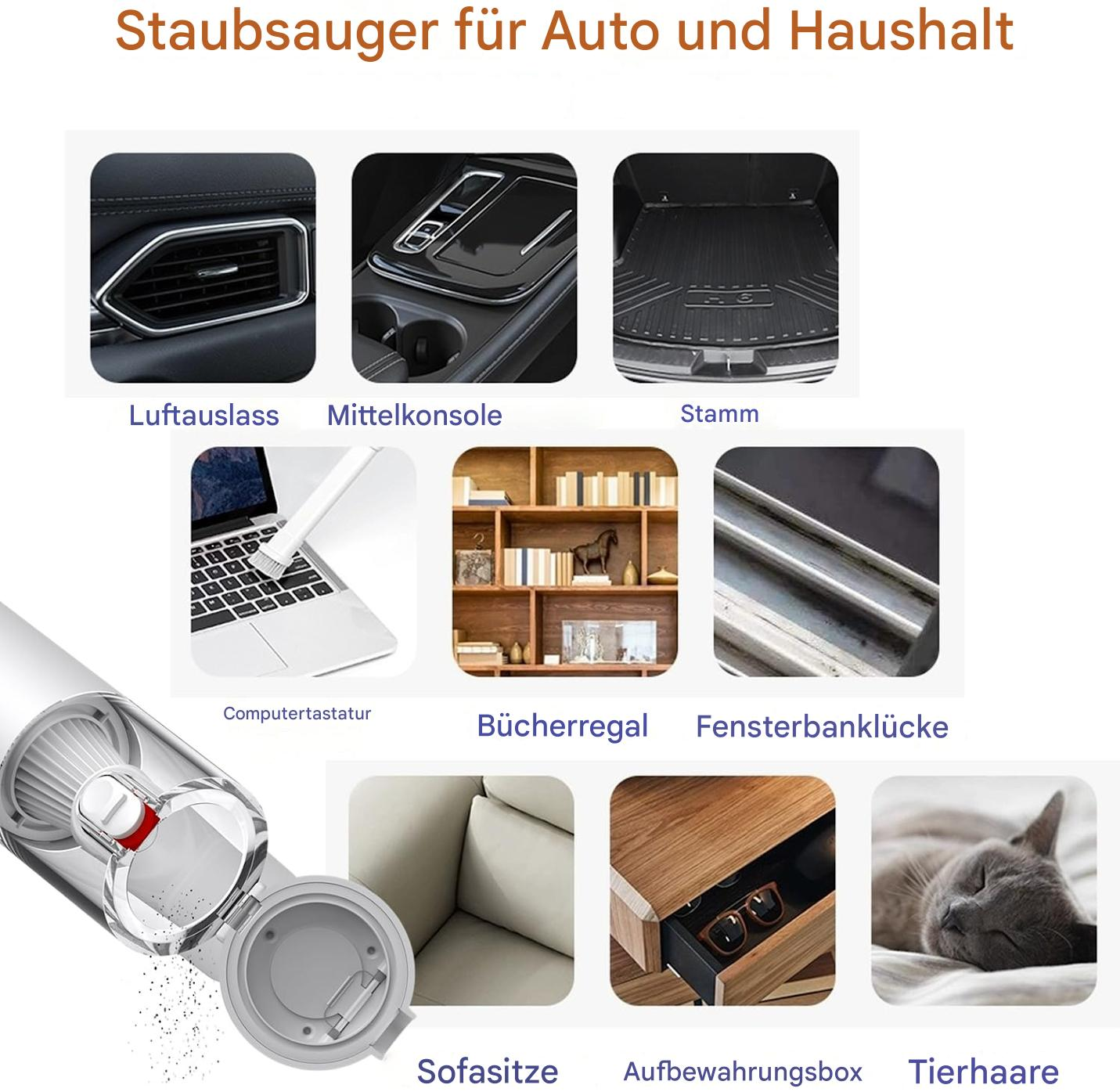 Collage, das die Verwendungsmöglichkeiten eines Staubsaugers zeigt: Autoentlüftungen, Tastaturen, Regale, Sofas und Tierhaare.
