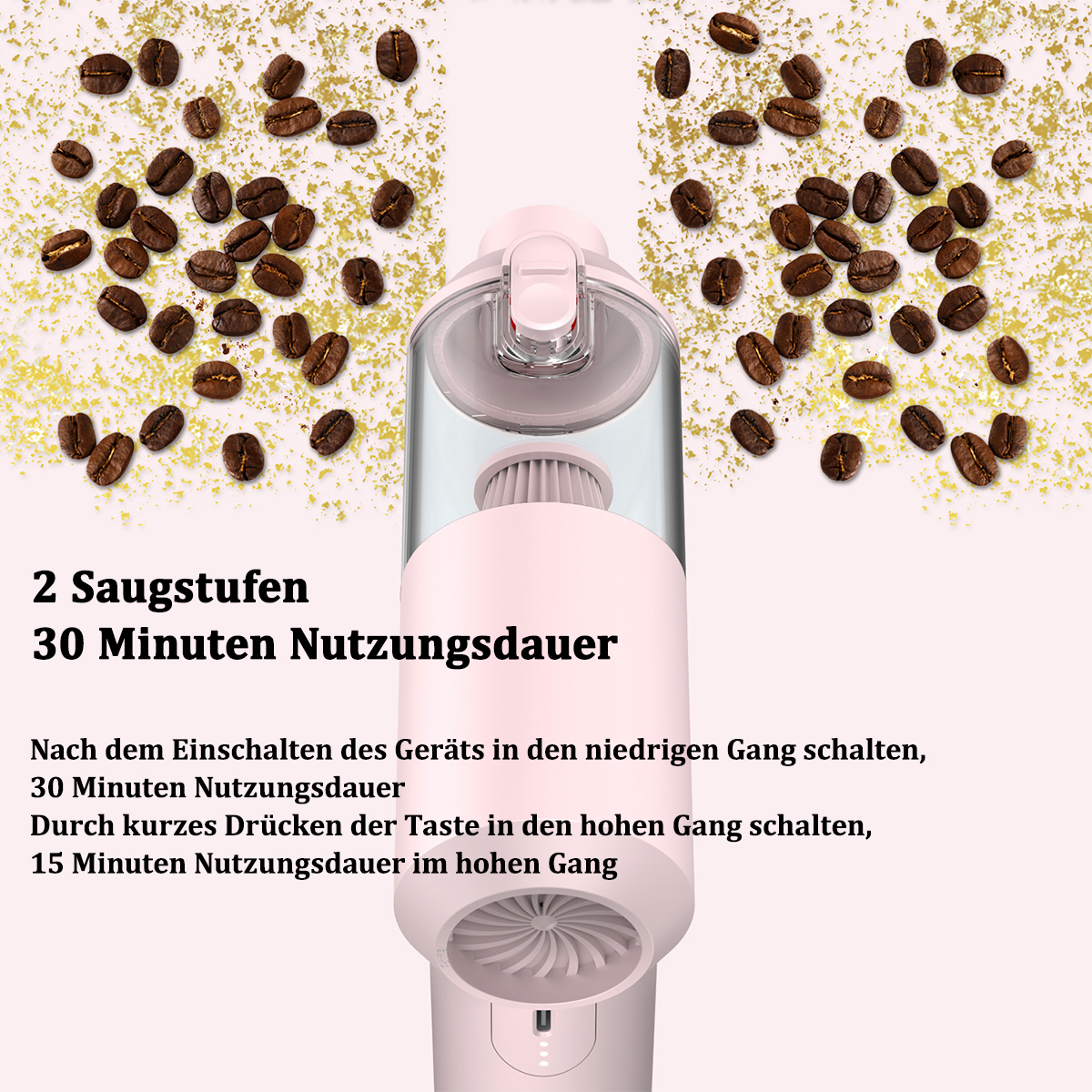 Das Bild zeigt einen Handstaubsauger, um den herum Kaffeebohnen verstreut sind, um seine Reinigungsfähigkeit zu demonstrieren.