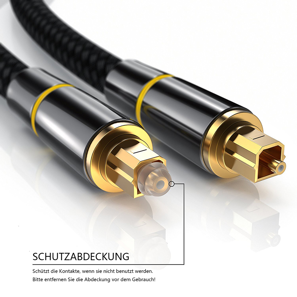 Nahaufnahme eines optischen Audiokabels mit goldenen Anschlüssen und einem schwarzen geflochtenen Kabel.