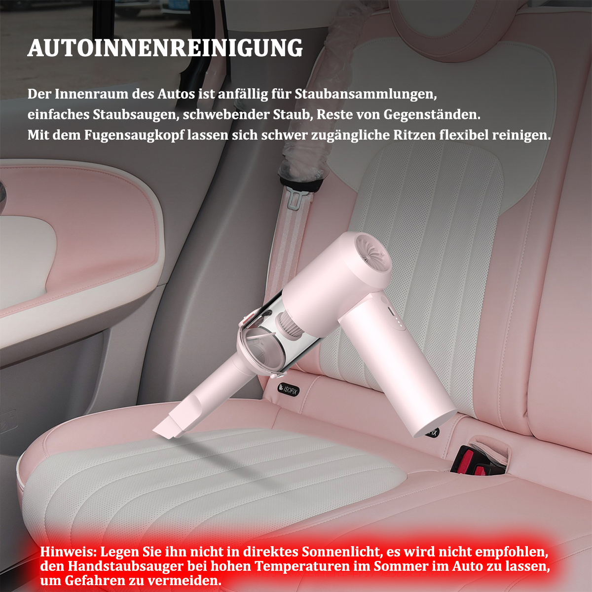 Obraz przedstawia różowy odkurzacz ręczny czyszczący wnętrze fotela samochodowego.