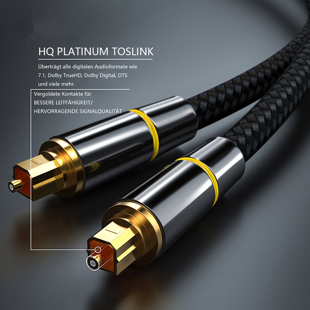 Nahaufnahme von zwei schwarzen und silbernen HQ Platinum Toslink-Audiokabeln mit goldenen Anschlüssen.