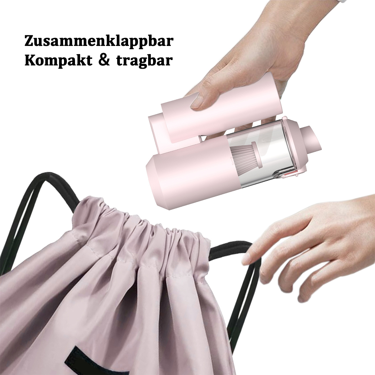 Ręce otwierają różowy, składany odkurzacz z różowej torby. Tekst: składany, kompaktowy i przenośny.