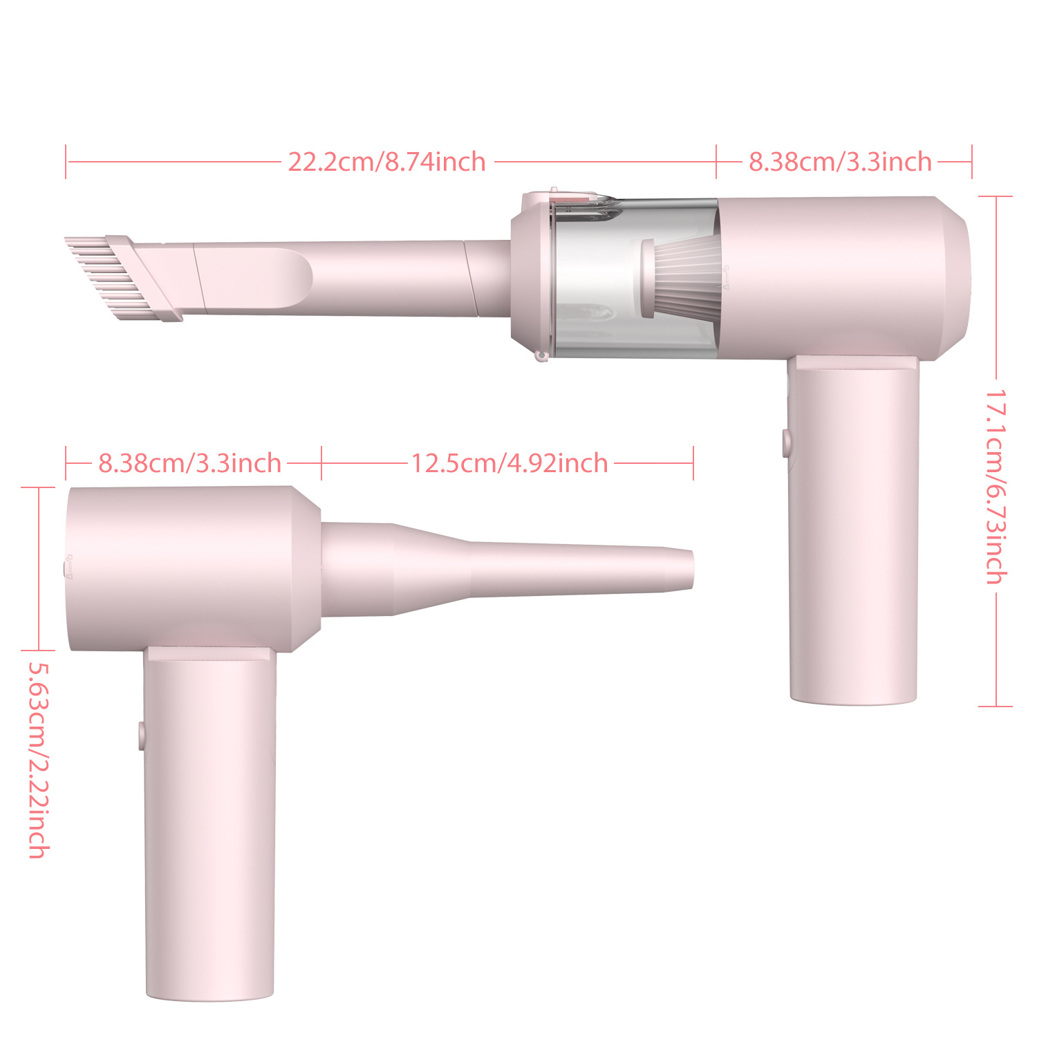 Różowy odkurzacz ręczny z oznaczonymi wymiarami. Pokazuje odkurzacz z wielu perspektyw.