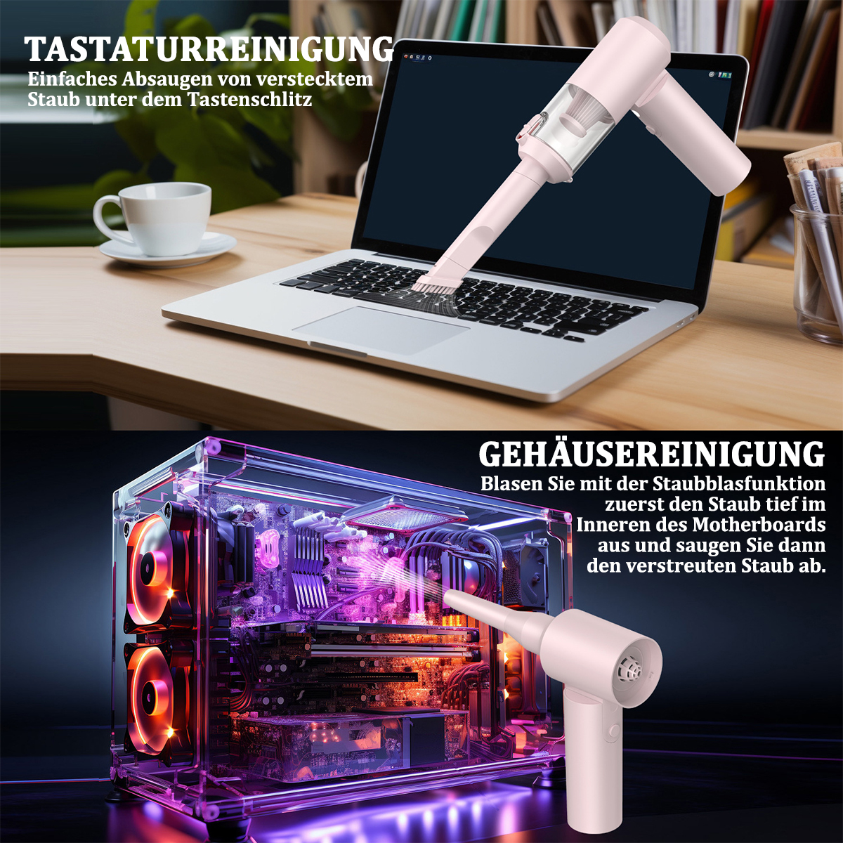 Różowy odkurzacz ręczny czyszczący klawiaturę laptopa i obudowę komputera. Tekst: Czyszczenie klawiatury, czyszczenie obudowy.