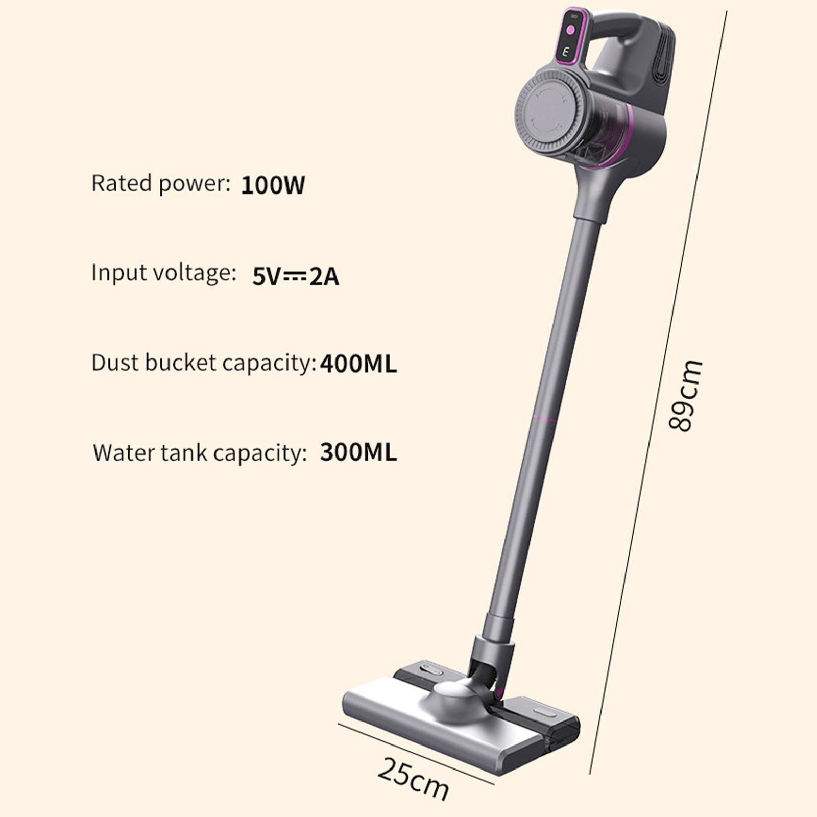 Ein grauer kabelloser Staubsauger mit Text: Nennleistung 100W, Eingangsspannung 5V=2A, Staubbehälterkapazität 400ML.