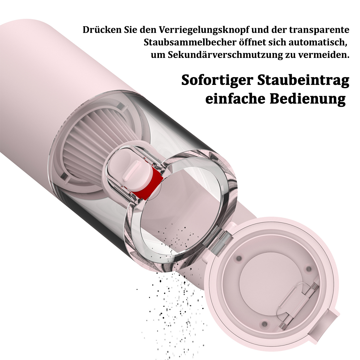 Różowy odkurzacz z opróżnianym pojemnikiem na kurz. Tekst: Natychmiastowe dostawanie się kurzu, łatwa obsługa.