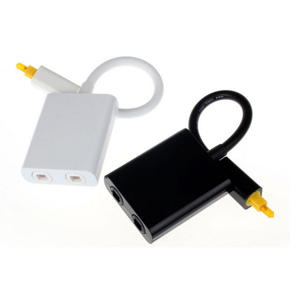 Zwei Adapter, einer weiß und einer schwarz, jeder mit zwei Anschlüssen und einem kurzen Kabel, das in einem gelben optischen Stecker endet.